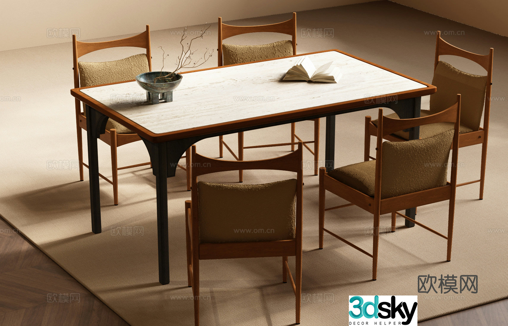 Modern medieval dining table and chair combination 3D model