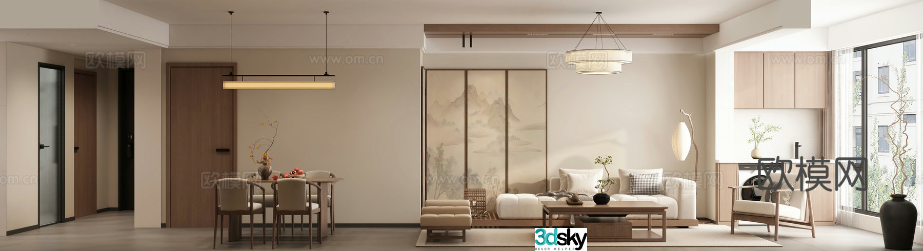 Song style new Chinese aesthetic ceiling living and dining room balcony chandelier sofa ornament 3D model