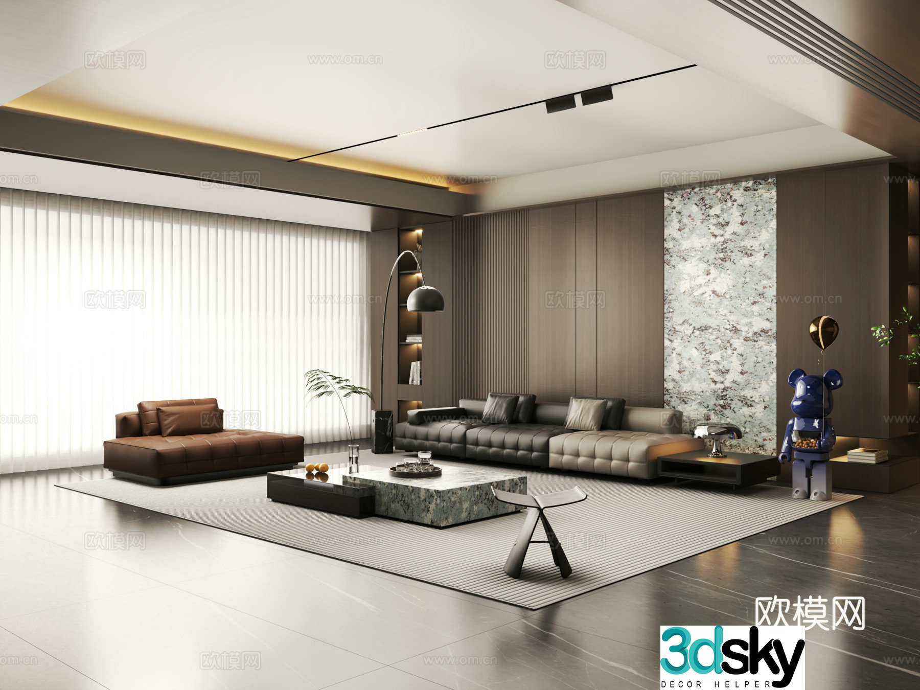 Modern Italian light luxury living room Home living room Leather sofa combination 3D model