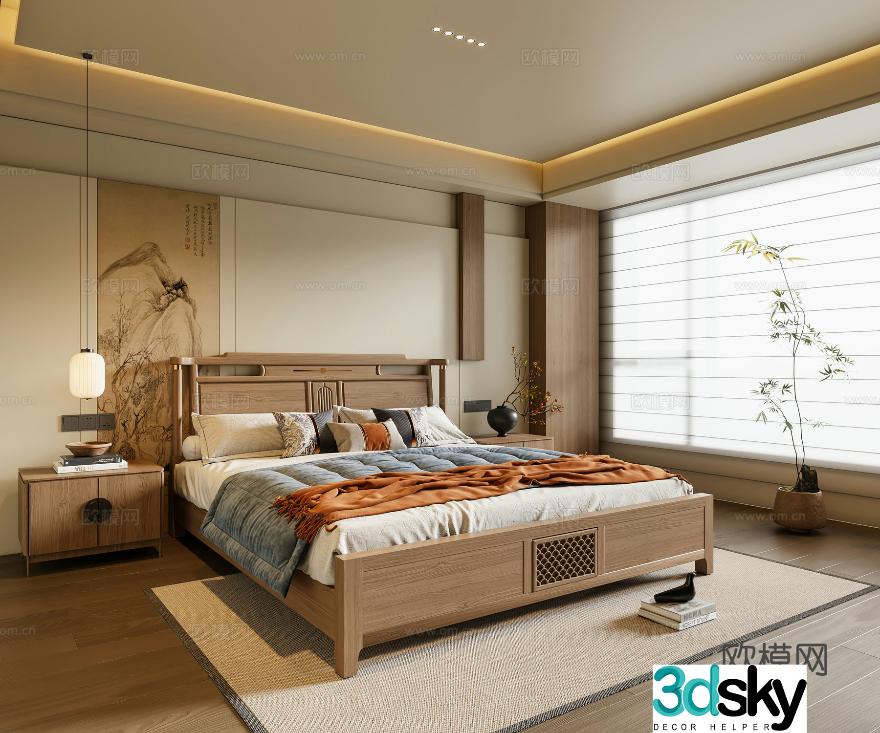 New Chinese style bedroom solid wood double bed bedside table chandeliers potted plants 3D model