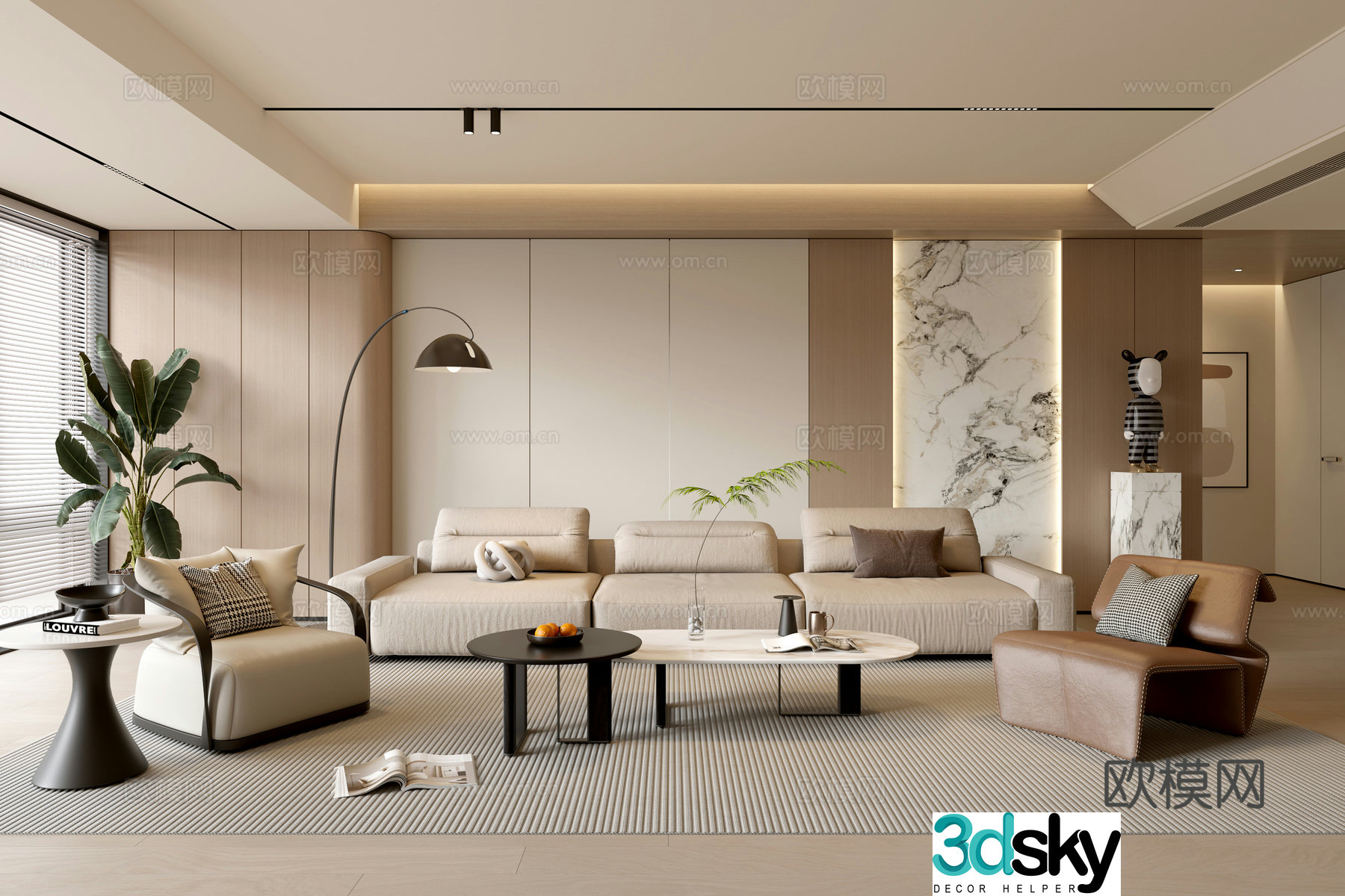 Modern simple living room balcony cabinet sofa combination coffee table sofa background wall 3d model