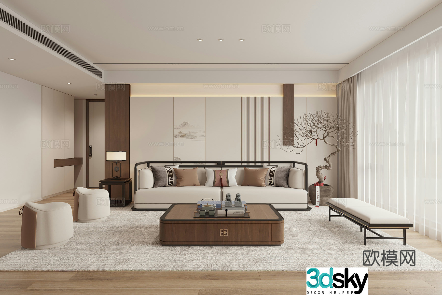New Chinese style Zen living room combination sofa leisure chair 3D model