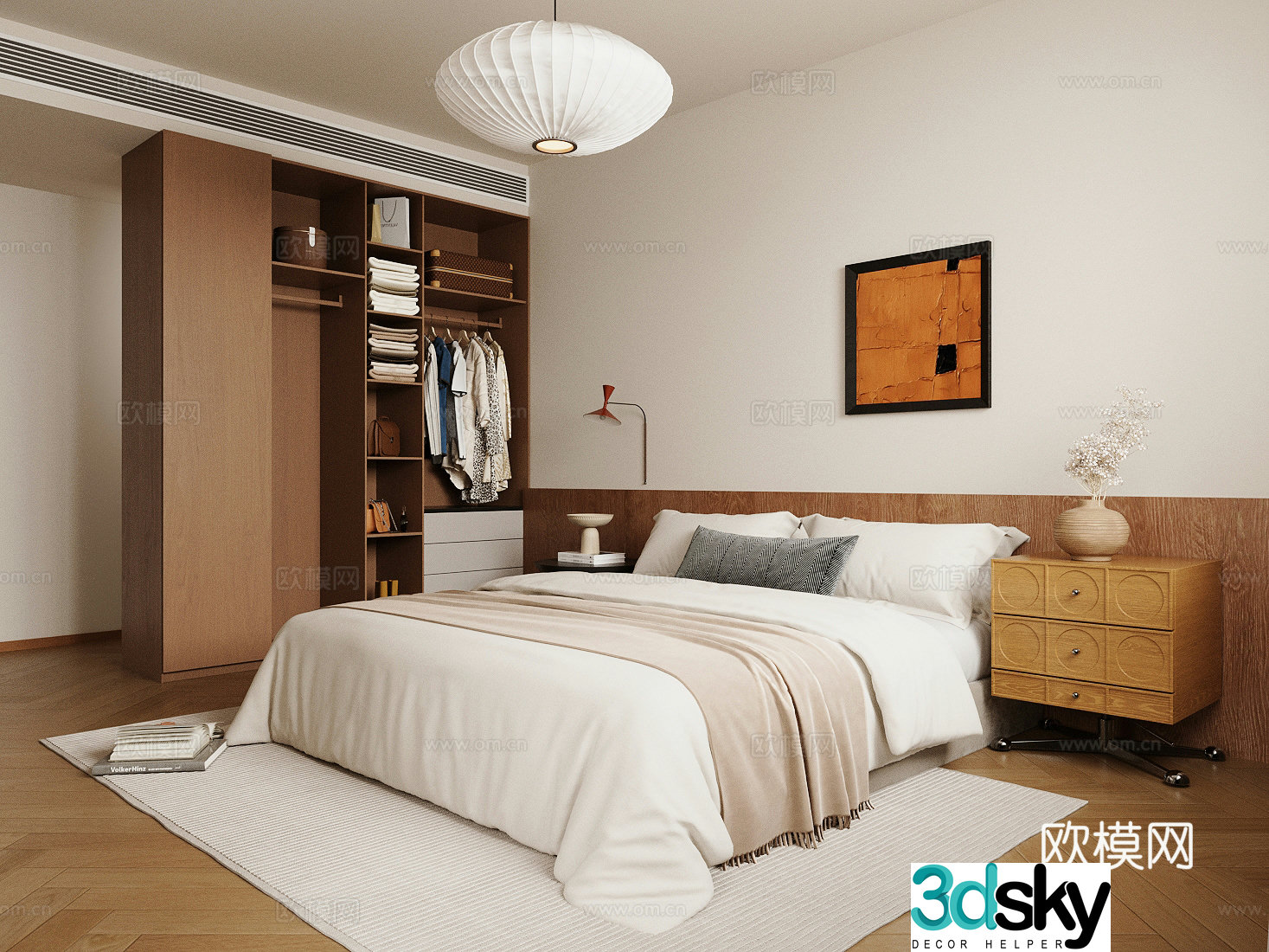 Middle-aged home bedroom retro style double bed retro style bedroom Chinese Song style bedroom bedside table 3D model