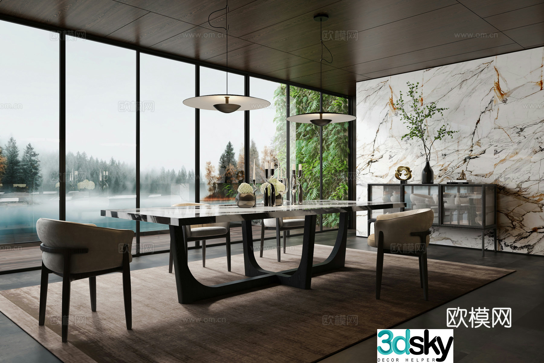 Modern restaurant dining table dining chair sideboard chandelier green plant wall 3d model