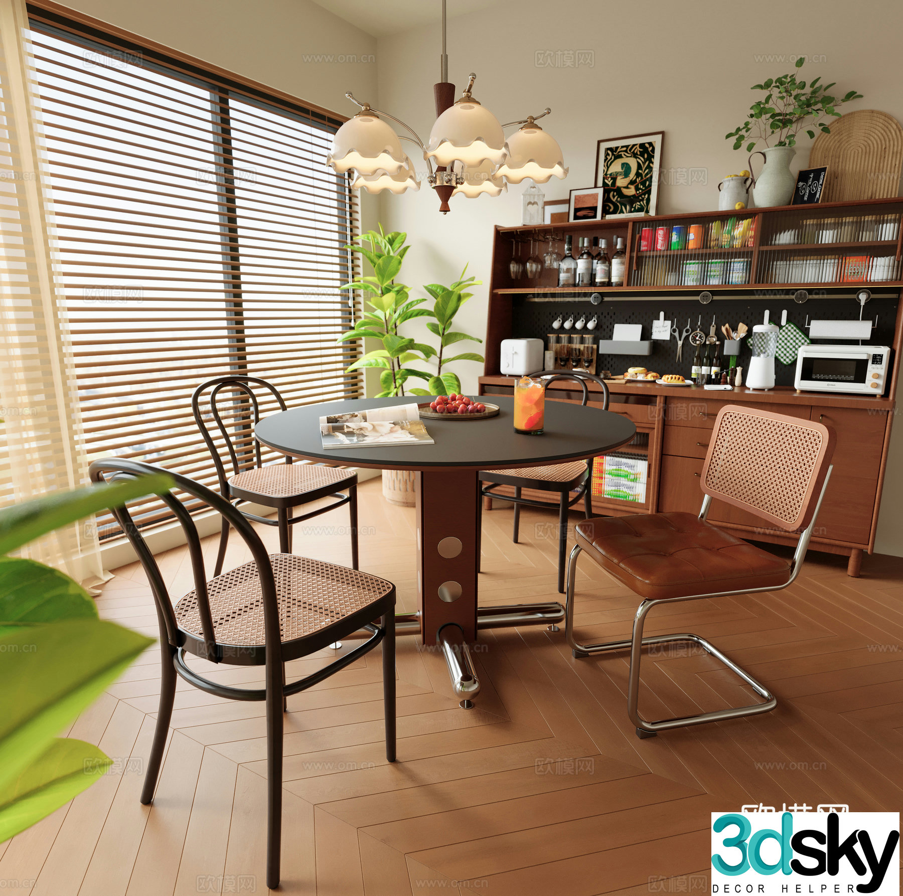 Middle-aged home decoration restaurant Middle-aged dining table and chair combination Middle-aged chandeliers Middle-aged dining sideboard 3D model