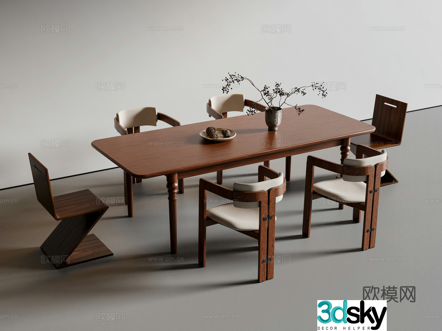 Middle style dining table and chairs Solid wood dining table 3D model