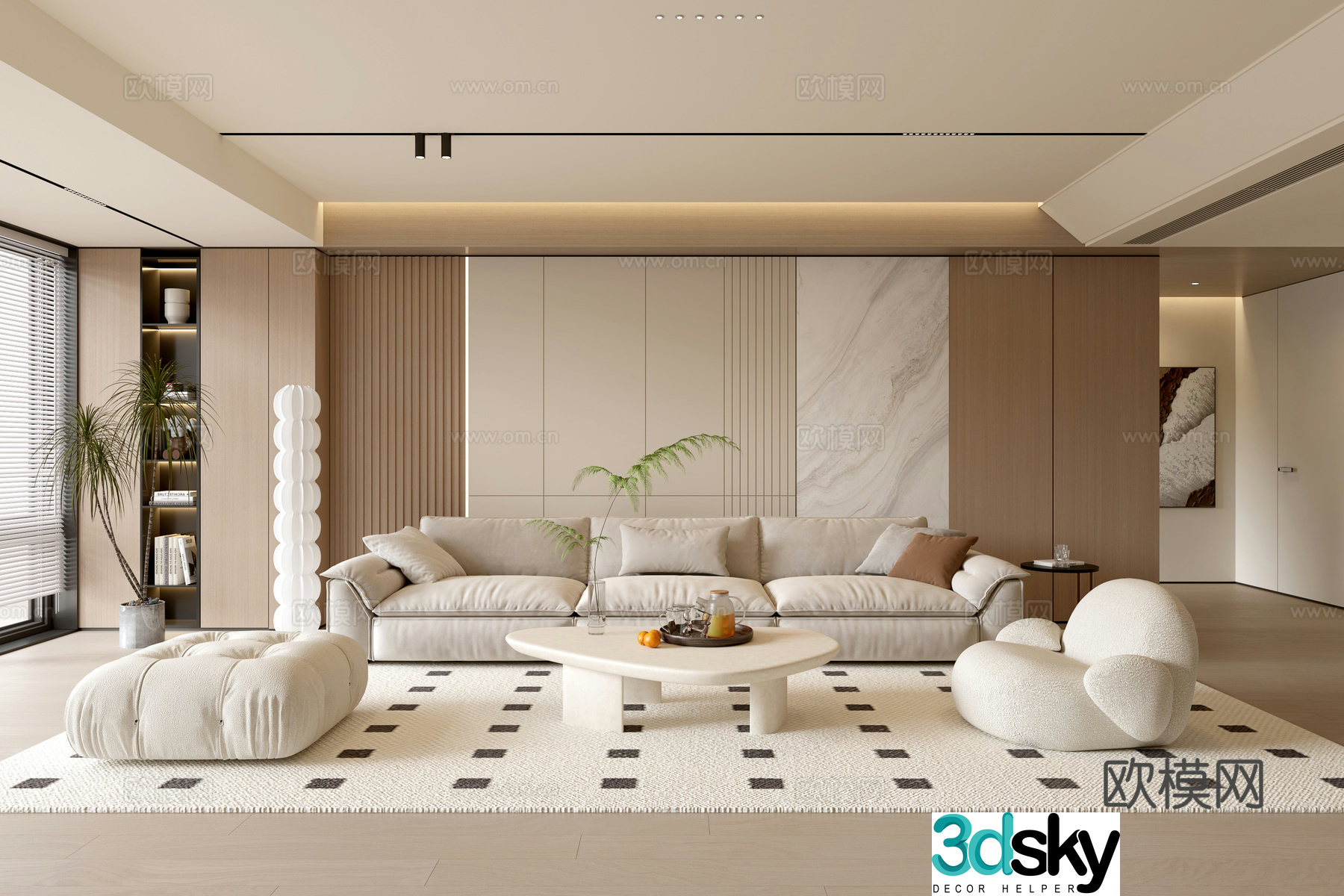 Modern cream simple living room balcony cabinet sofa combination coffee table sofa background wall 3d model