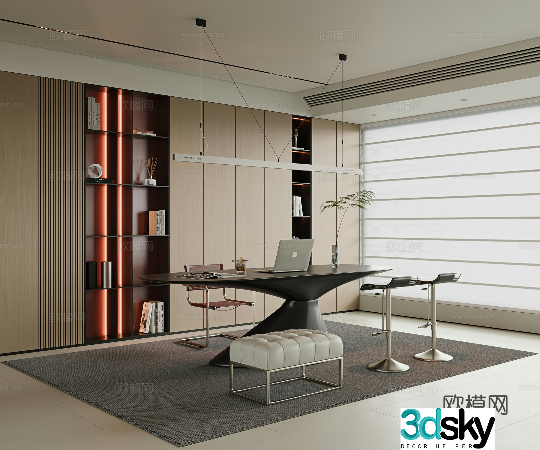 Italian minimalist study villa study high-end study desk and chair combination study bookcase 3D model