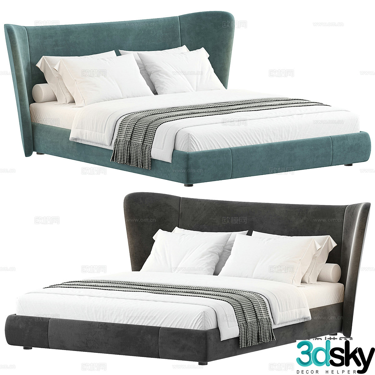Modern Cream Cuddle Fabric Double Bed 3D Model