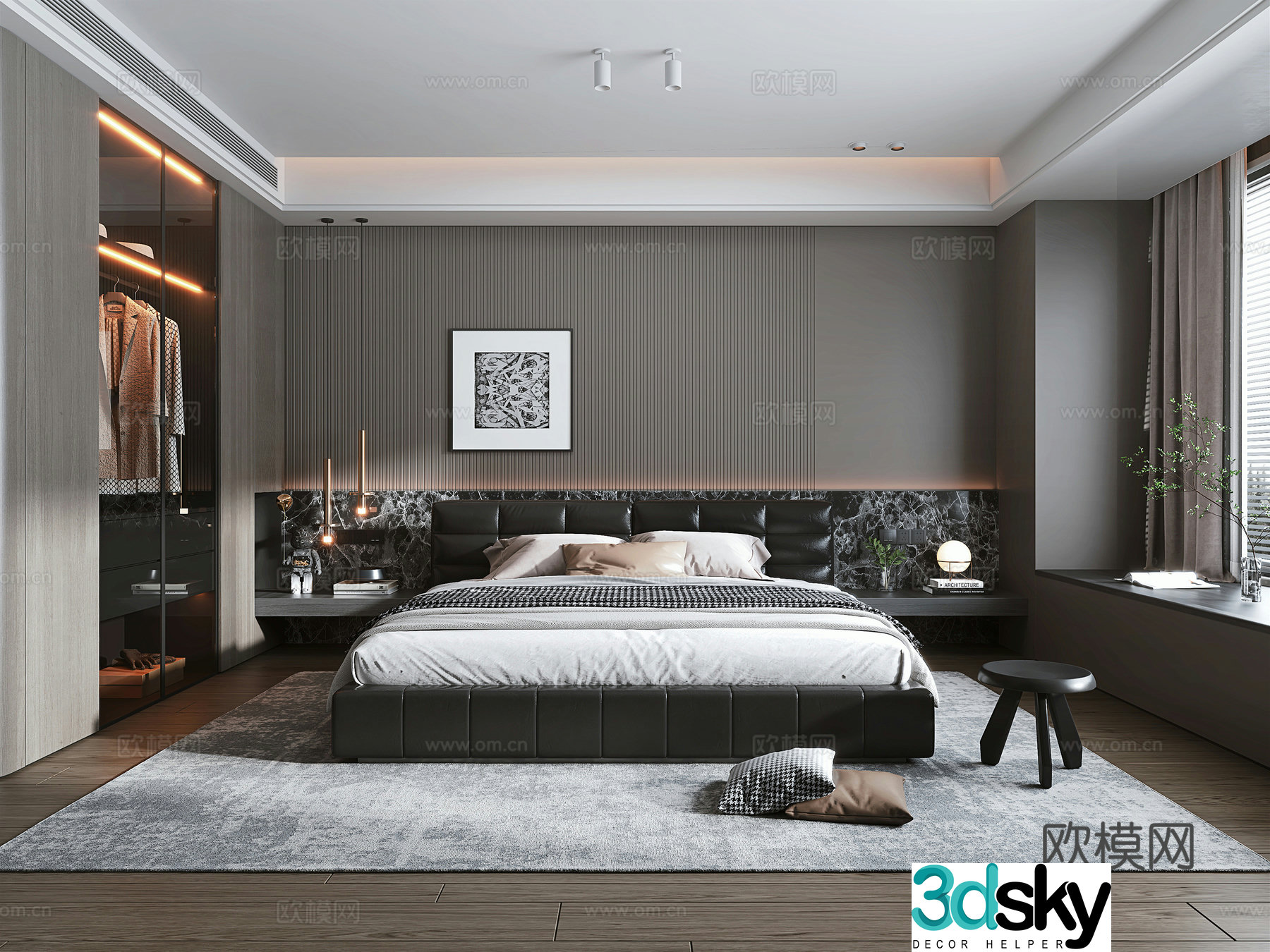 Italian light luxury home bedroom Italian leather double bed glass wardrobe bedside chandeliers decorative painting 3D model