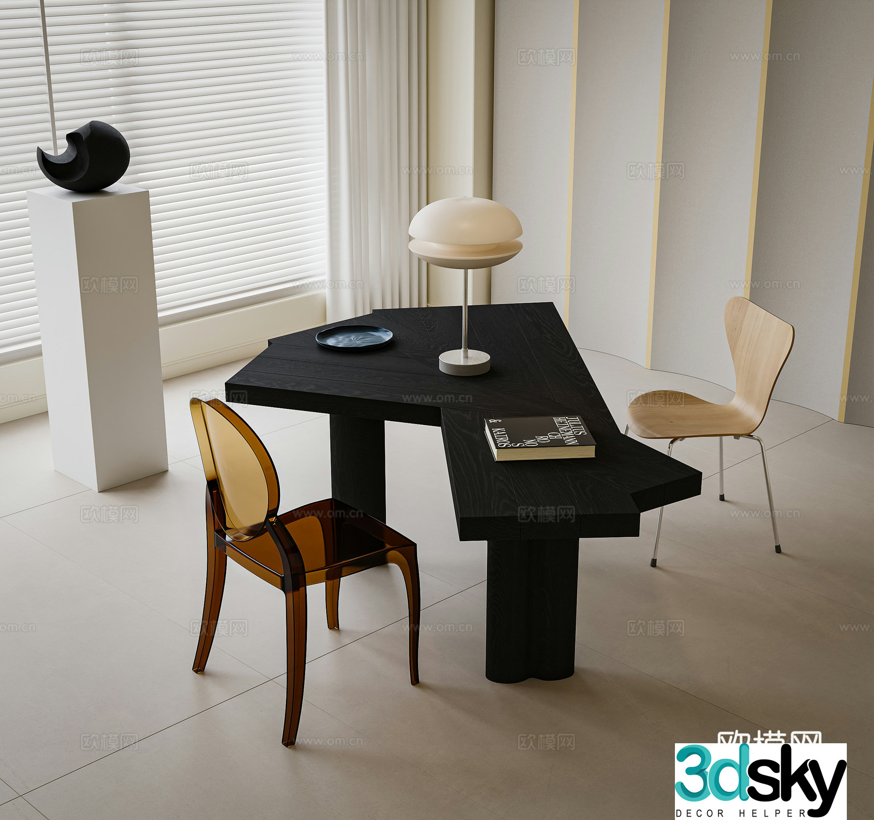 New Chinese-style table and chairs Chats Office desk and chairs Table lamp 3D model