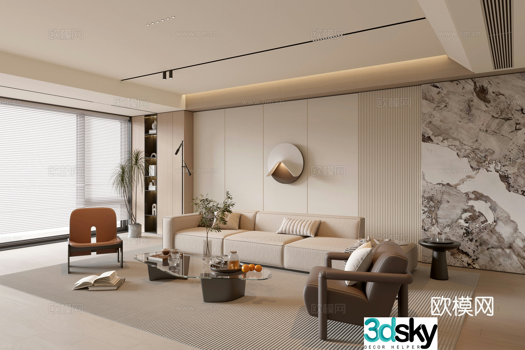 Modern cream simple living room balcony cabinet sofa combination coffee table sofa background wall 3d model