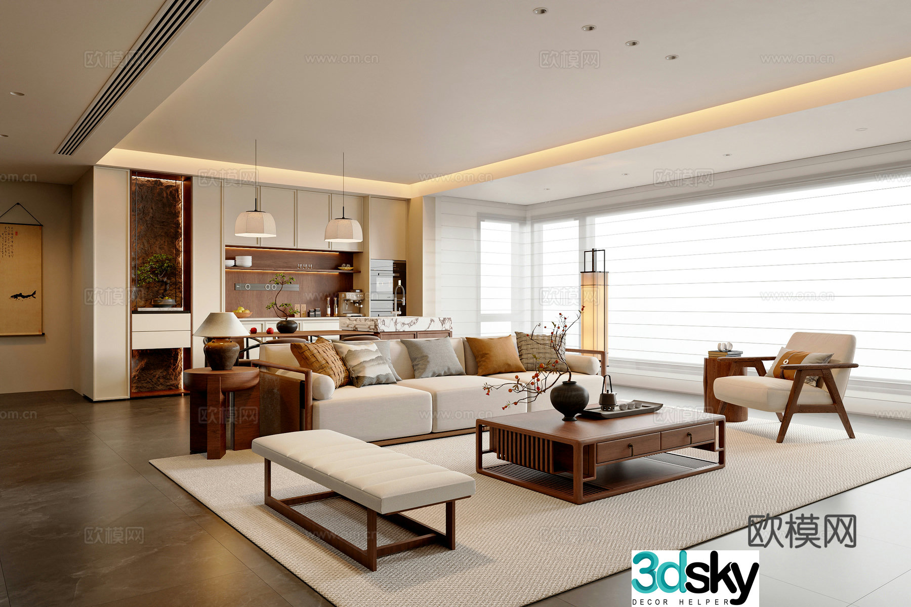 New Chinese style living and dining table and chair combination Sofa and coffee table combination Leisure chair Sideboard Duzi 3D model