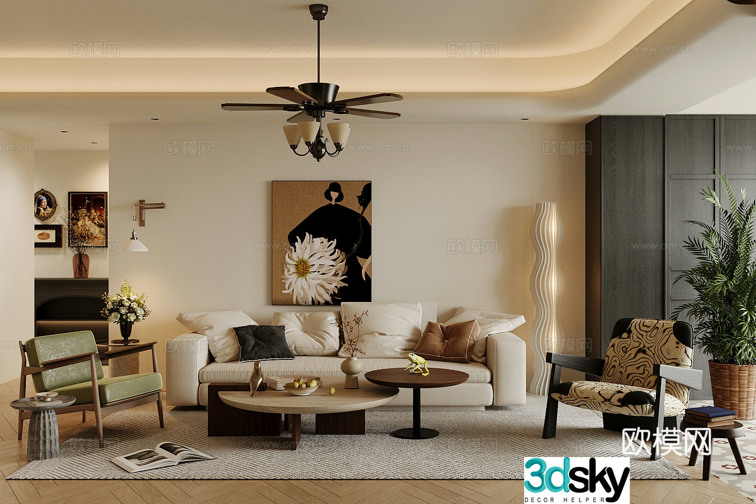 Medium cream home living room retro style living room sofa coffee table combination medium style leisure chair 3D model