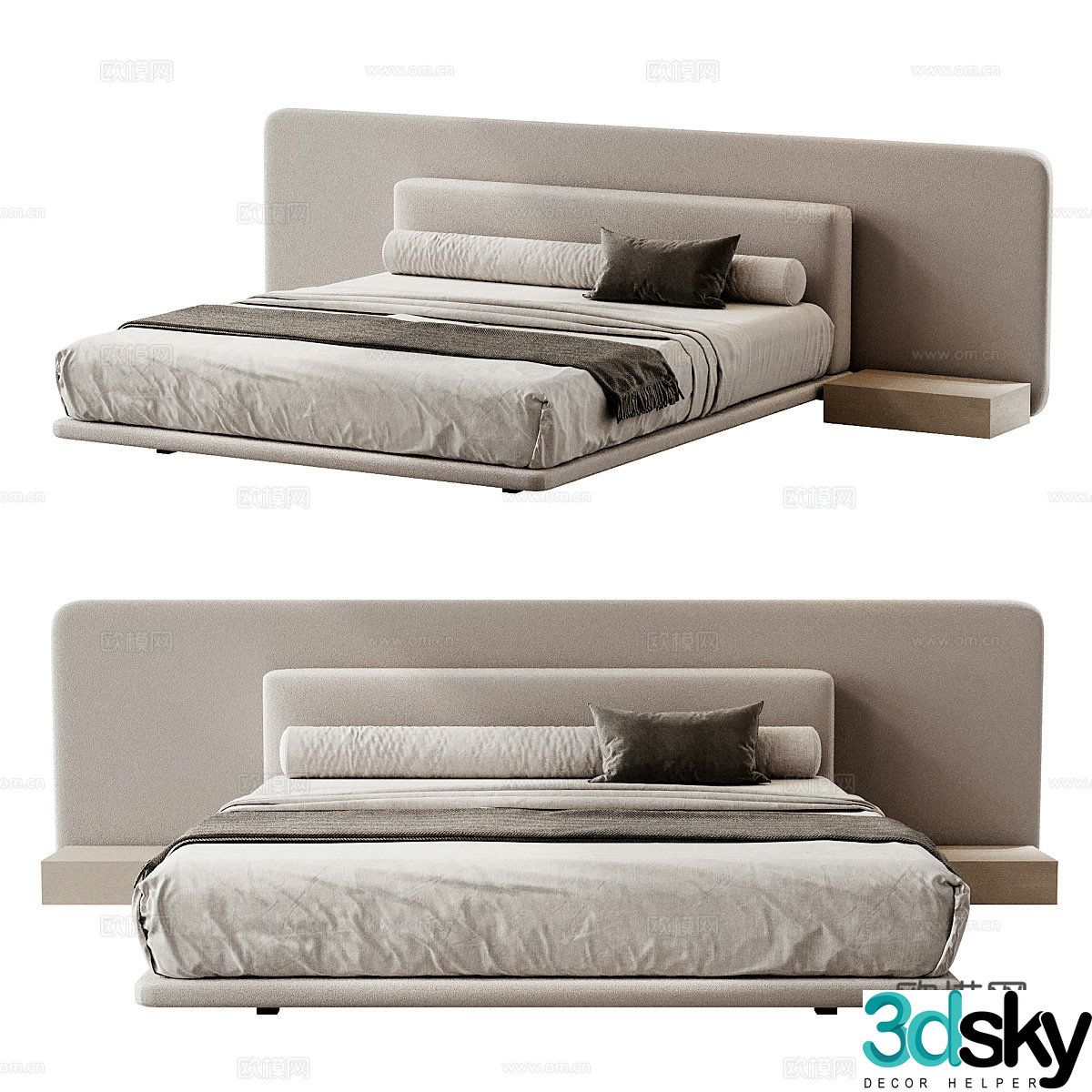 Modern Italian minimalist fabric double bed 3D model