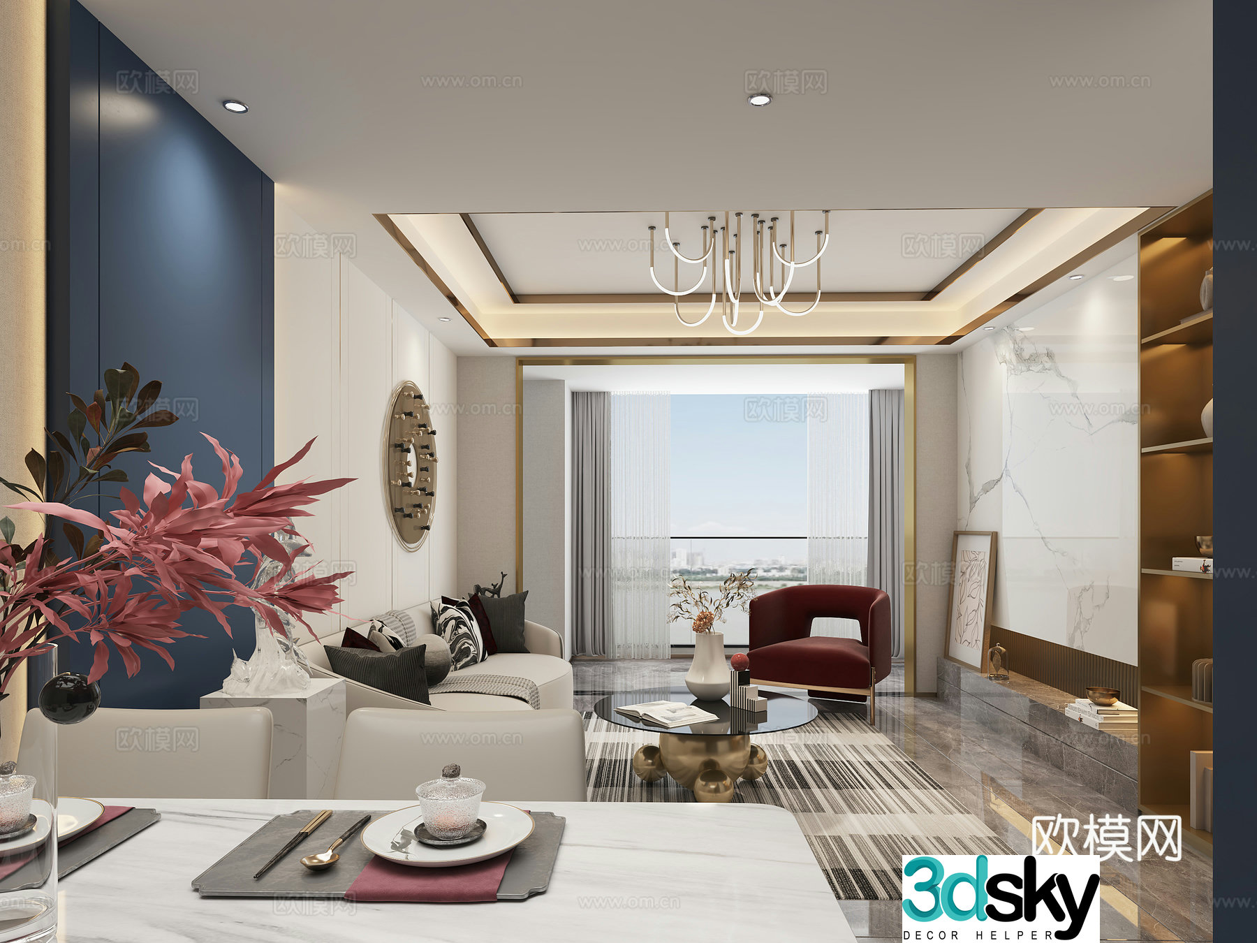Modern light luxury living and dining room 3D model