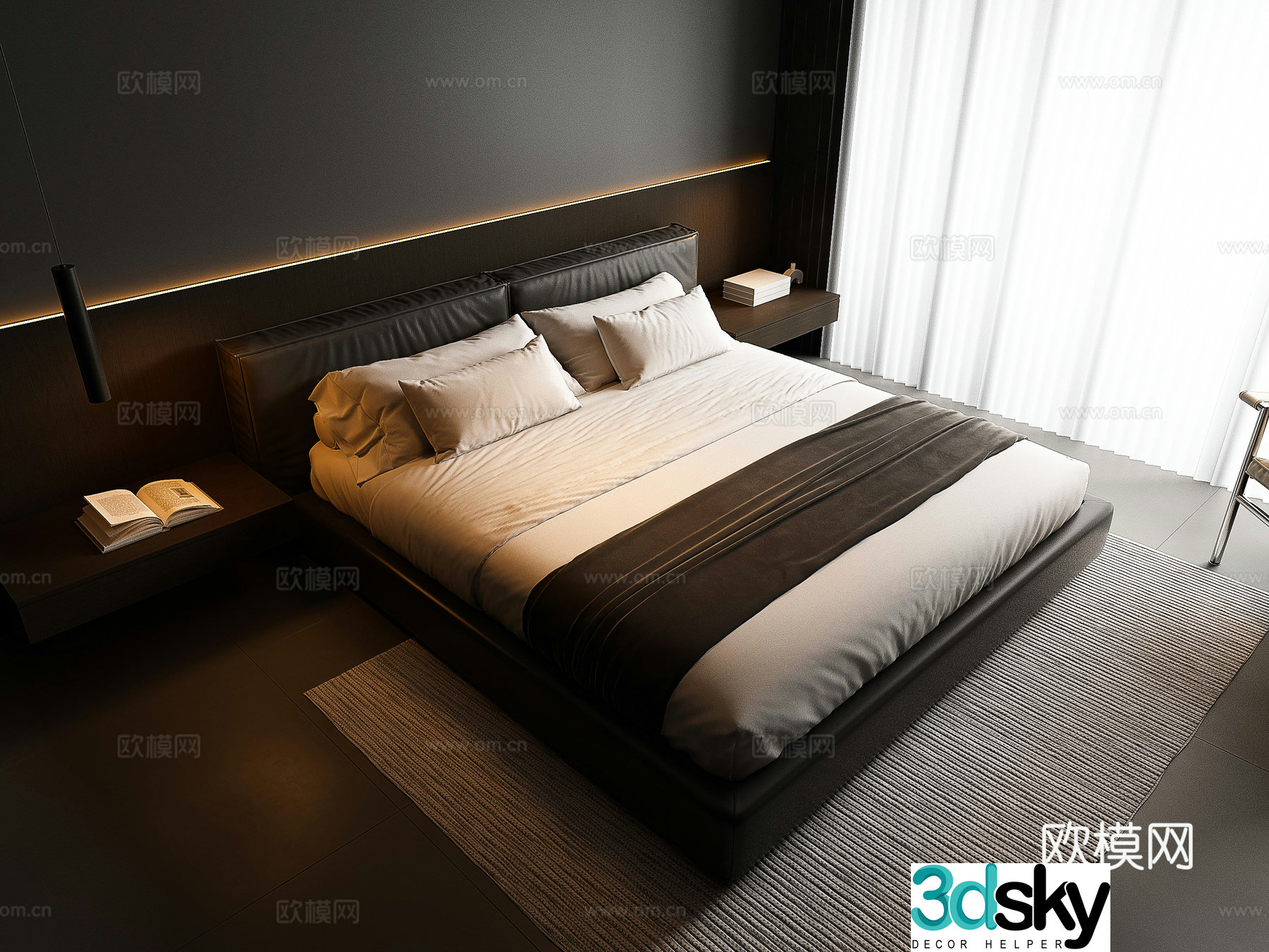 Modern double bed Italian double bed Minimalist double bed Carpet Bedside chandelier 3d model