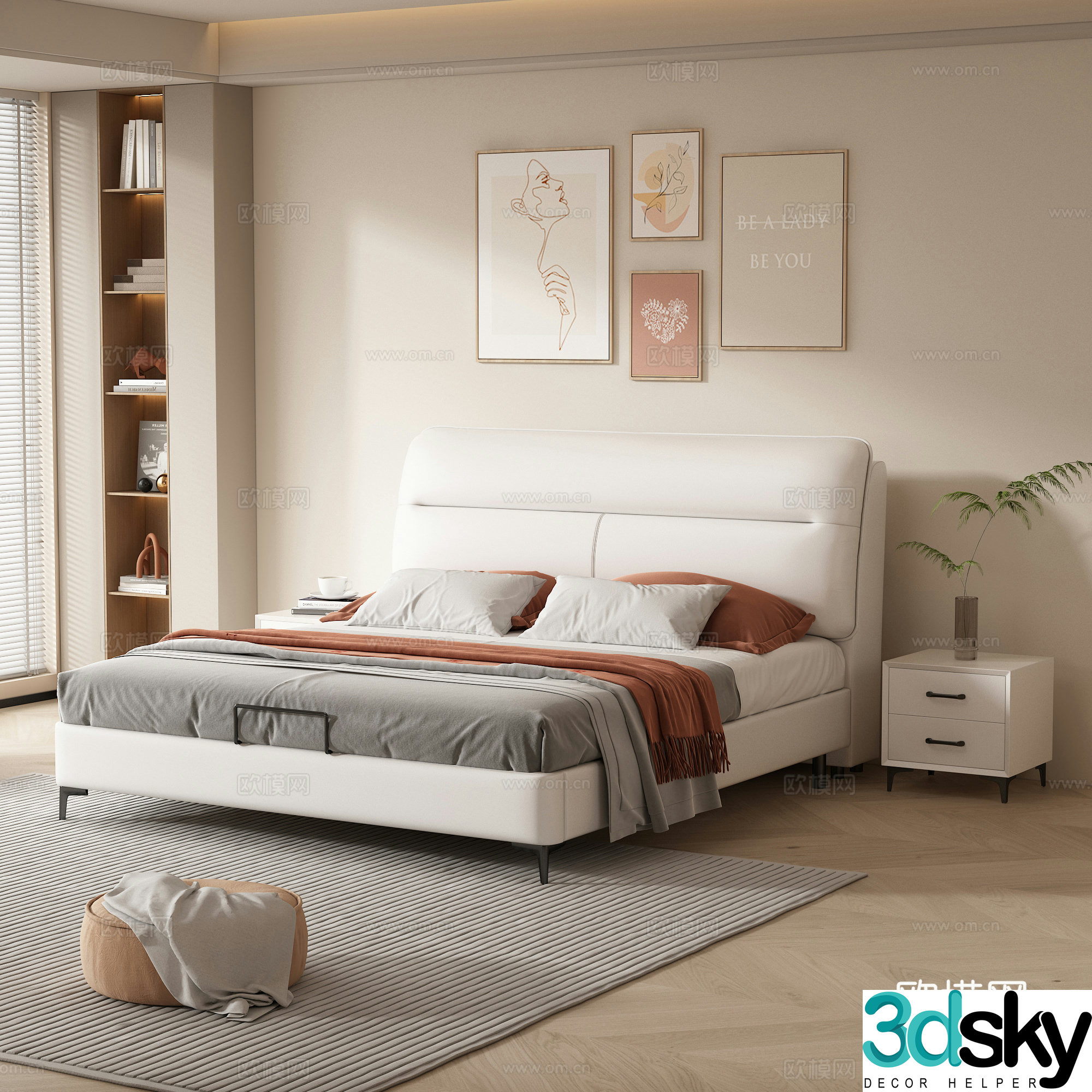 Double bed leather soft bag double bed light luxury master bedroom bed Italian minimalist leather bed bedroom 3d model