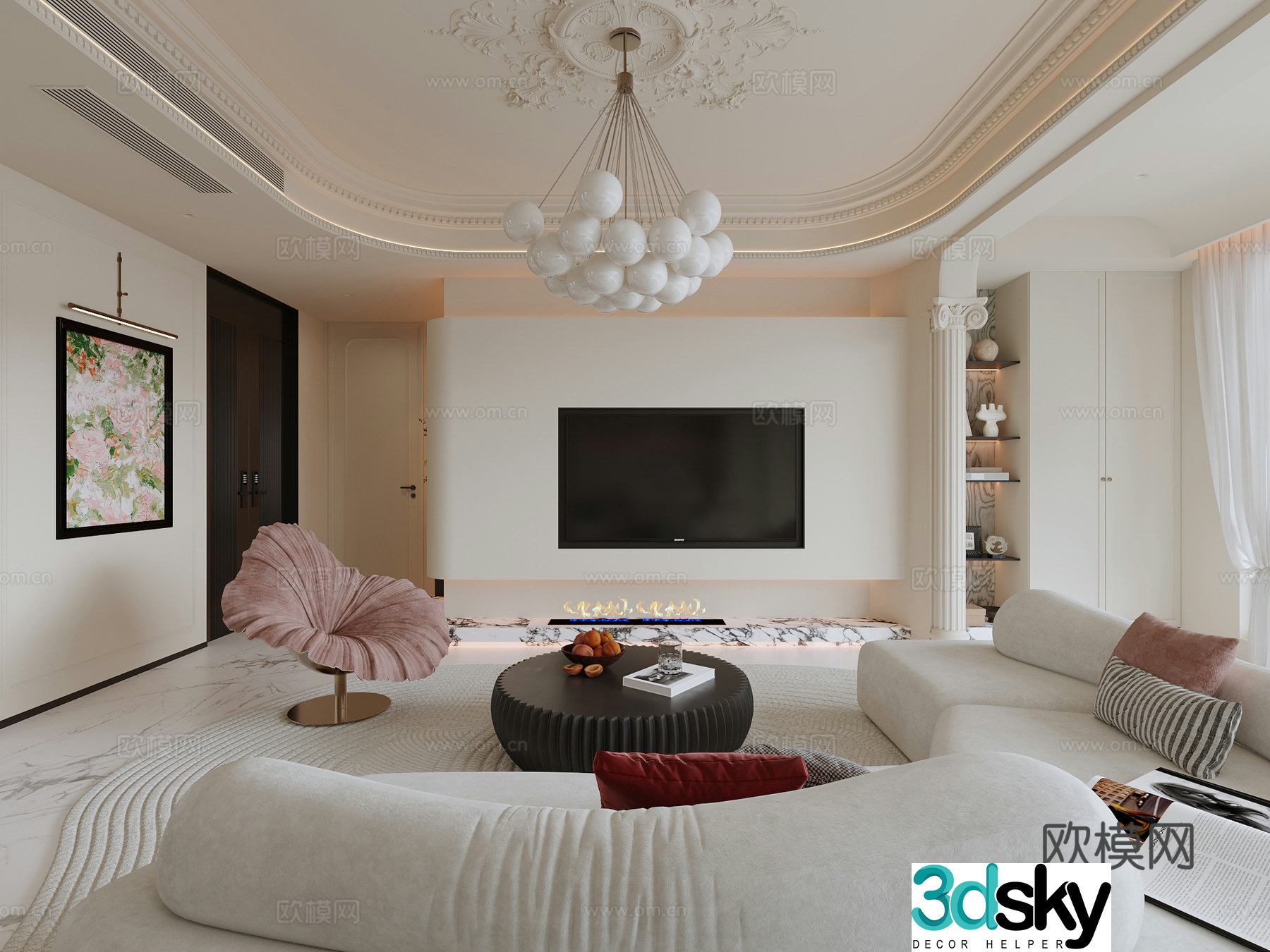 French cream living room TV background balcony cabinet Roman column sofa coffee table combination single chair wall lamp hanging painting chandelier 3d model