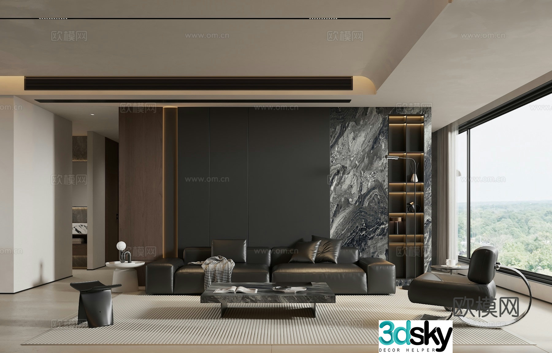 Modern black white and gray living room 3d model