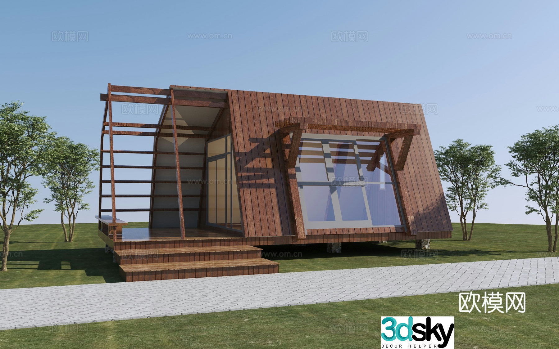 Modern wooden house B&B building 3d model
