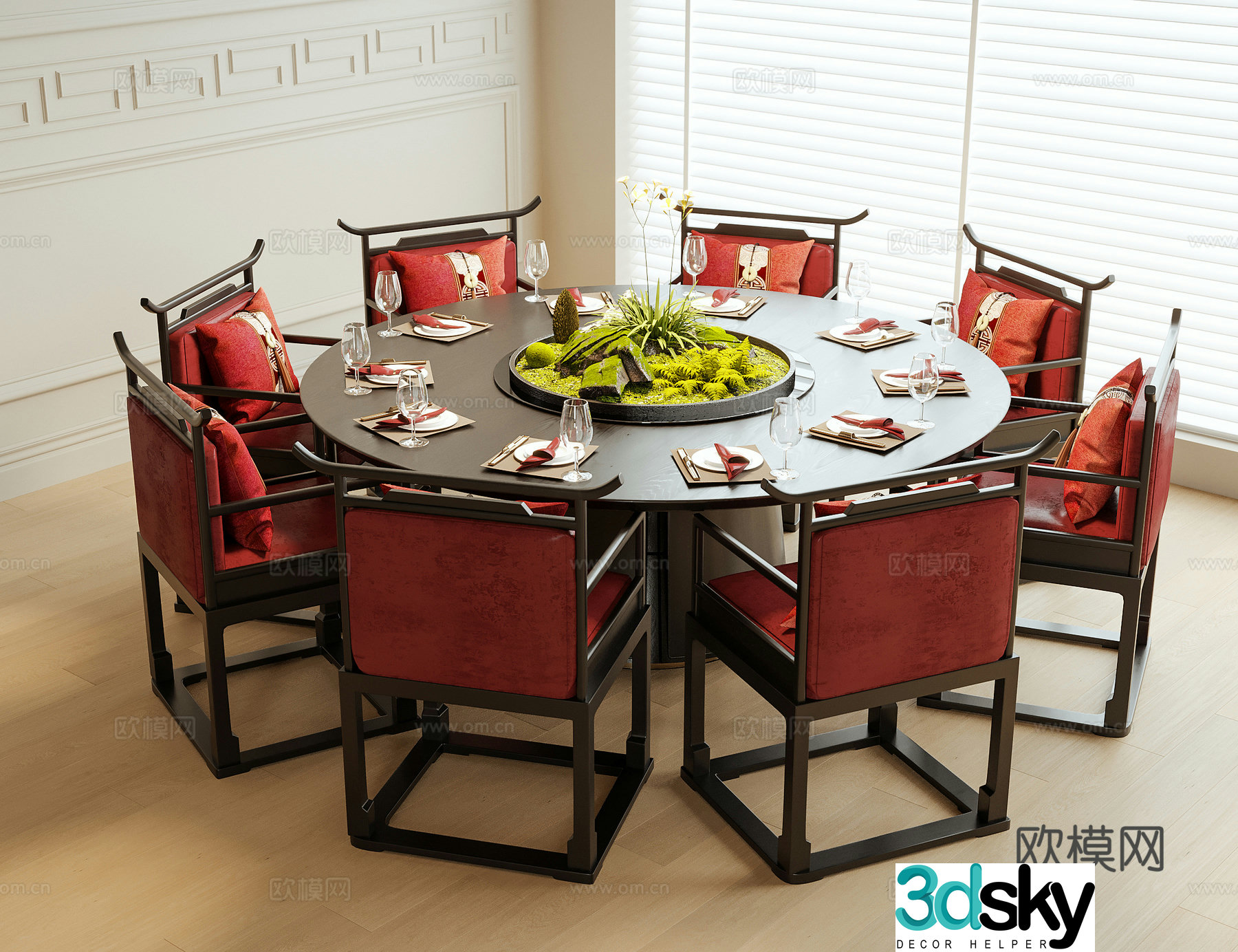 New Chinese dining table and chairs Round dining table tableware Dining chair 3d model