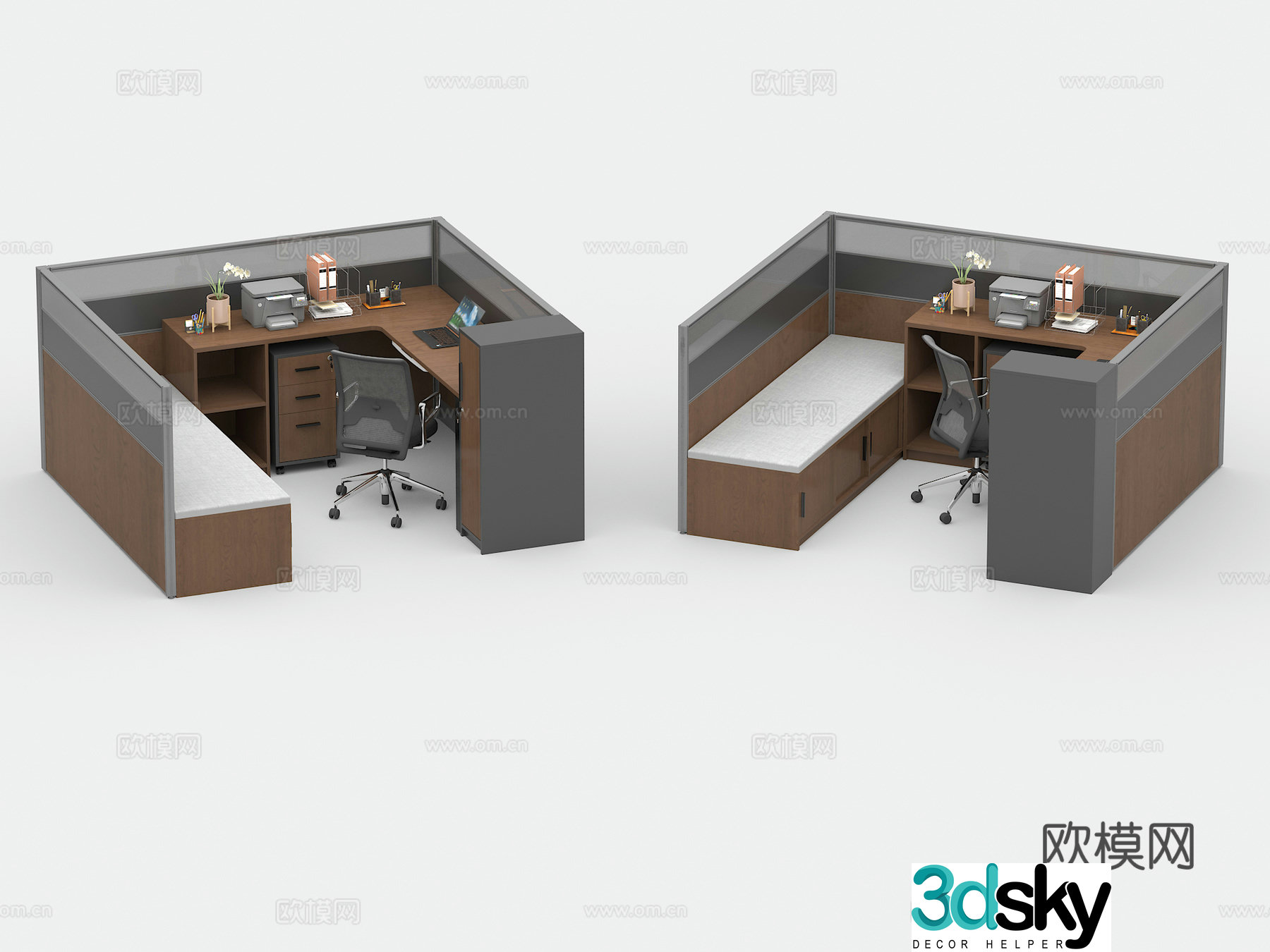 Office desk and chair work station with bed booth screen staff desk and chair lunch break 3D model
