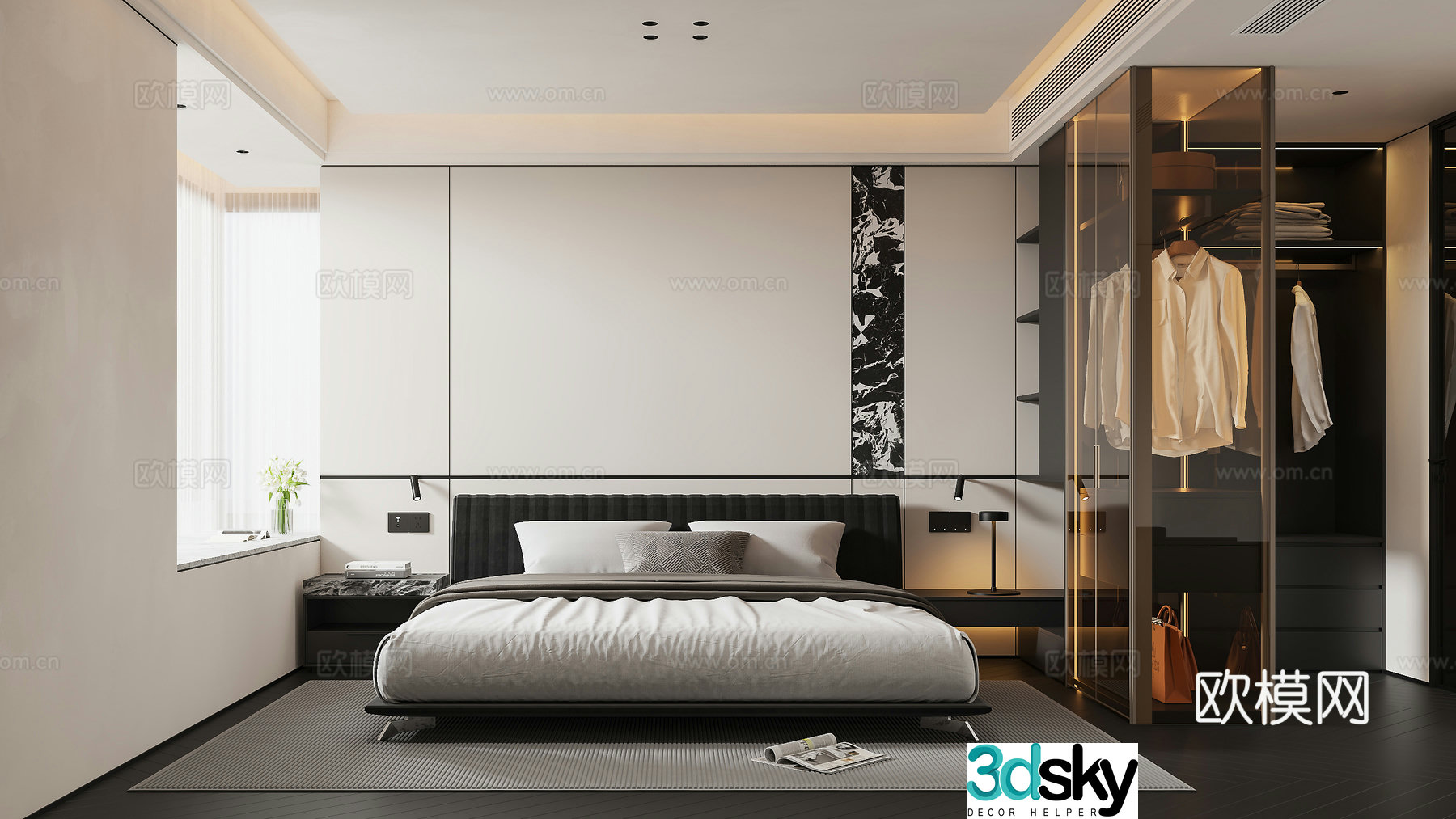 Modern black white and gray bedroom 3d model