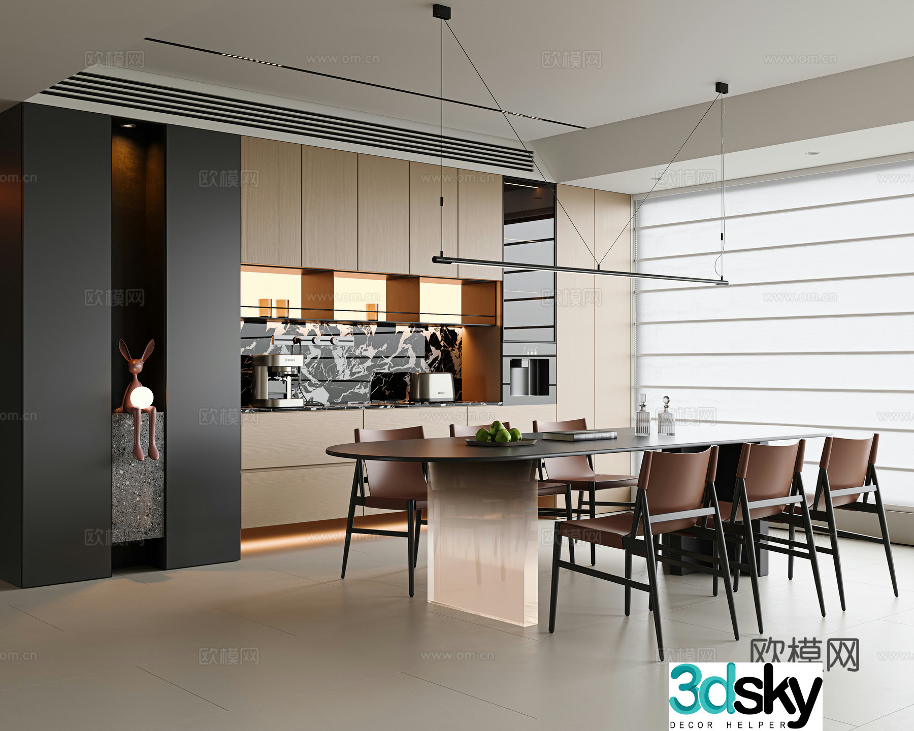Italian minimalist restaurant long dining table solid wood dining table six-person dining table single chair metal chandeliers 3D model