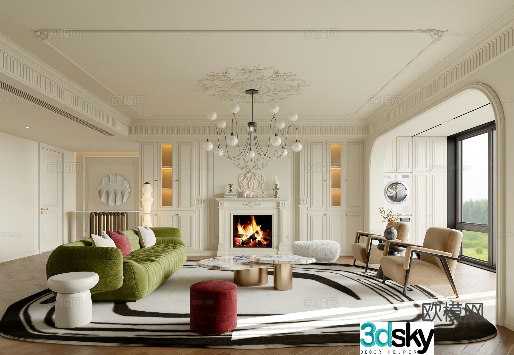 Modern light French living room light French horizontal hall large flat floor European fireplace 3D model
