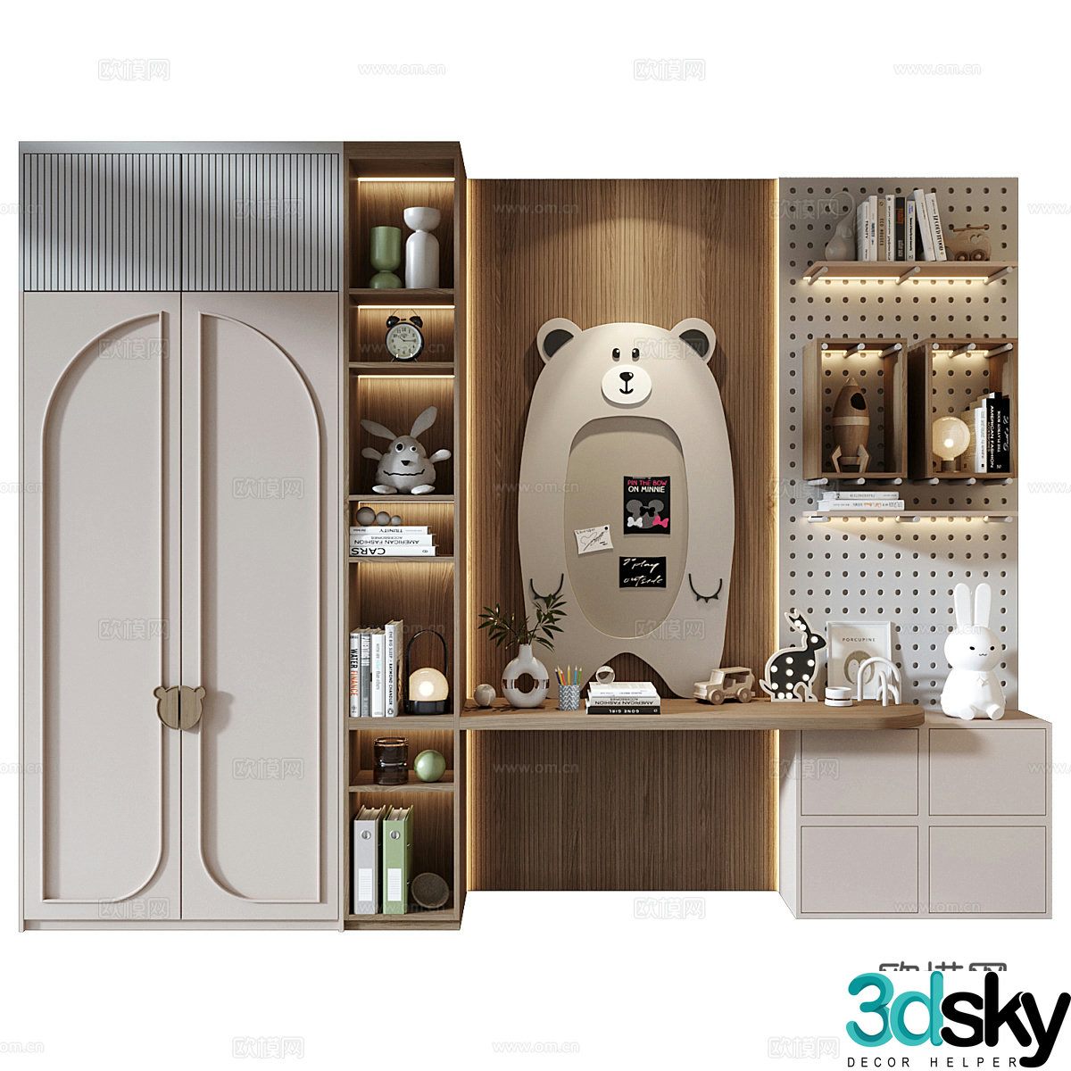 Modern cream style children’s wardrobe bookcase combination 3D model