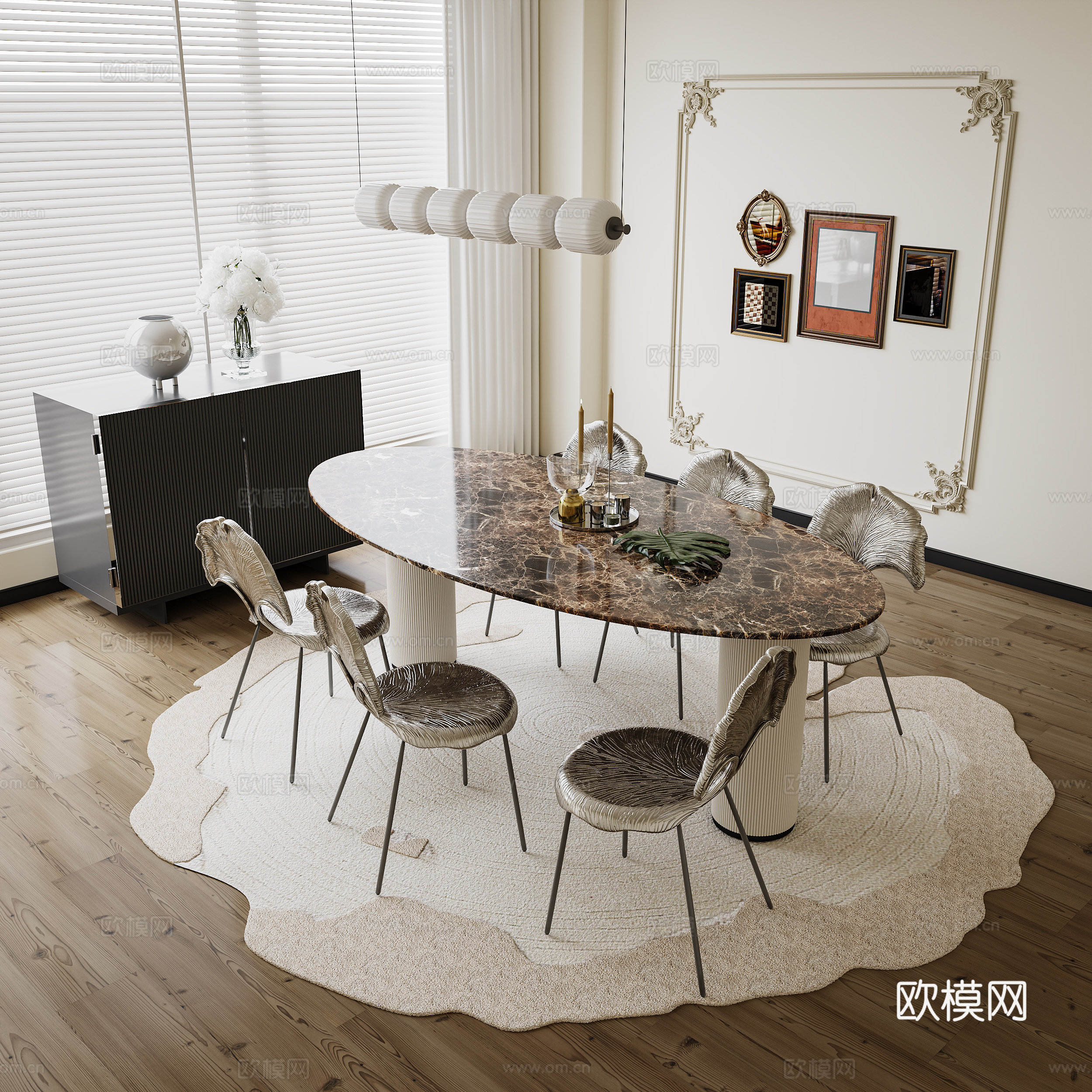 Simple European style dining table and chairs Chat table and chair combination side cabinet decorative painting 3D model