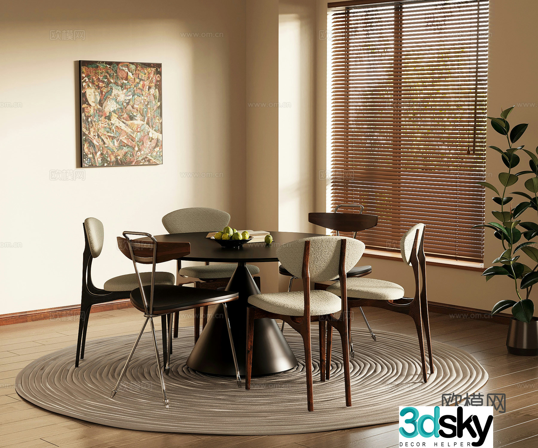 Medium style dining table and chairs Round dining table 3D model