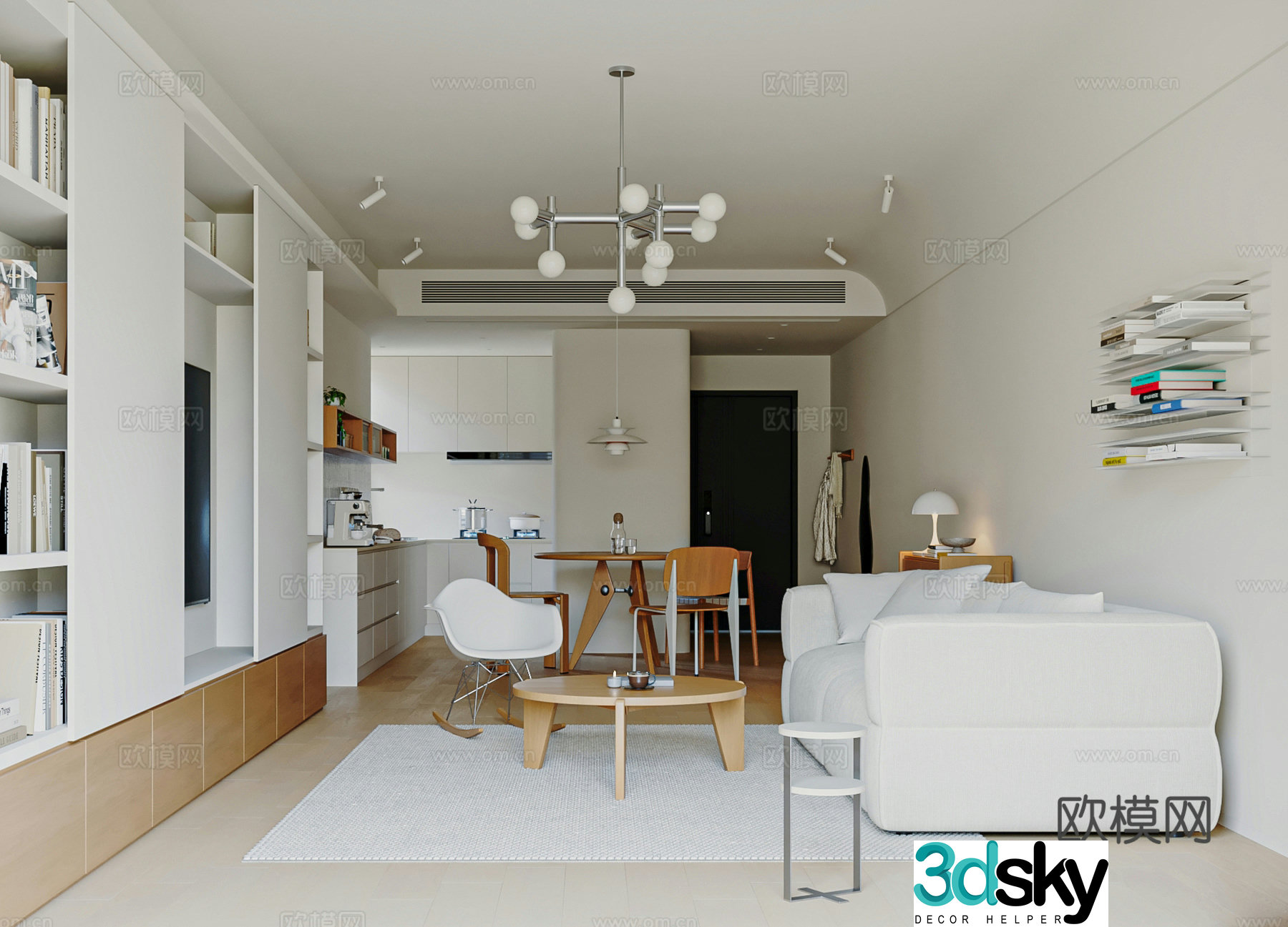 Modern cream large flat living room dining room open kitchen west cabinet vertical hall medieval furniture 3D model