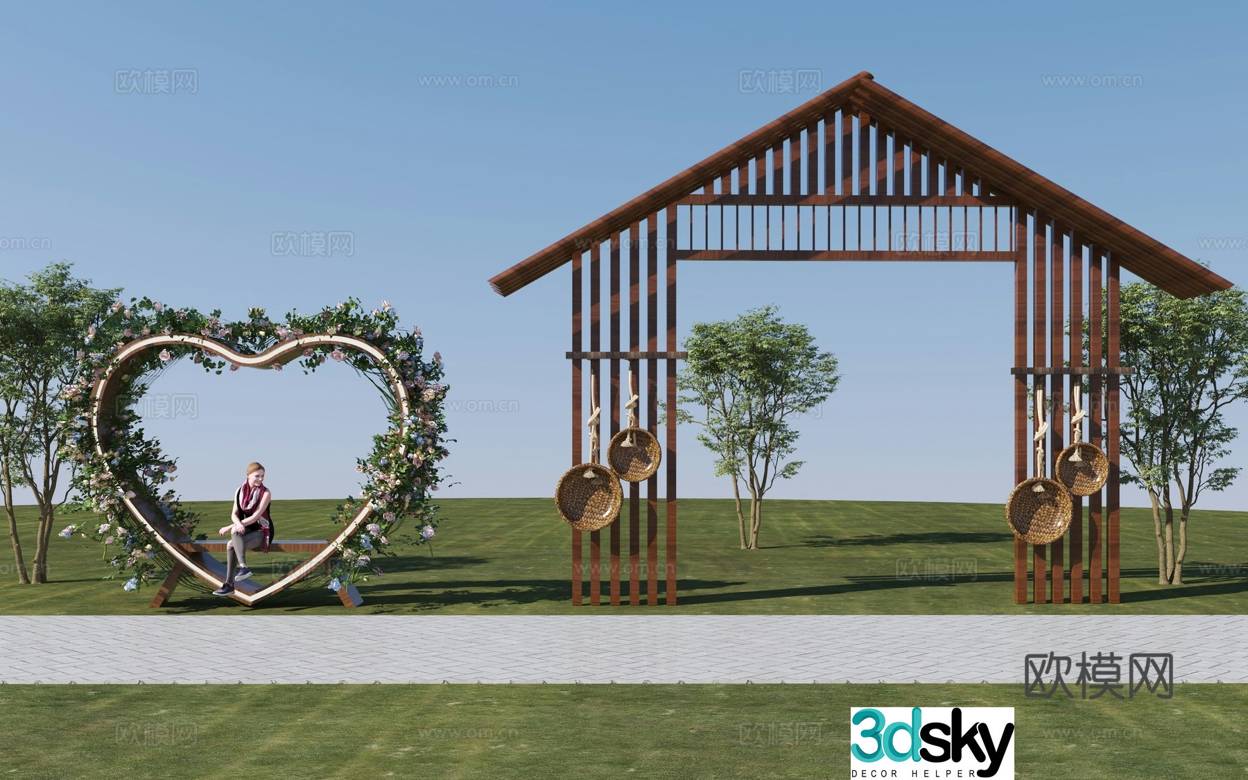 New Chinese style entrance door Heart-shaped landscape seat 3D model
