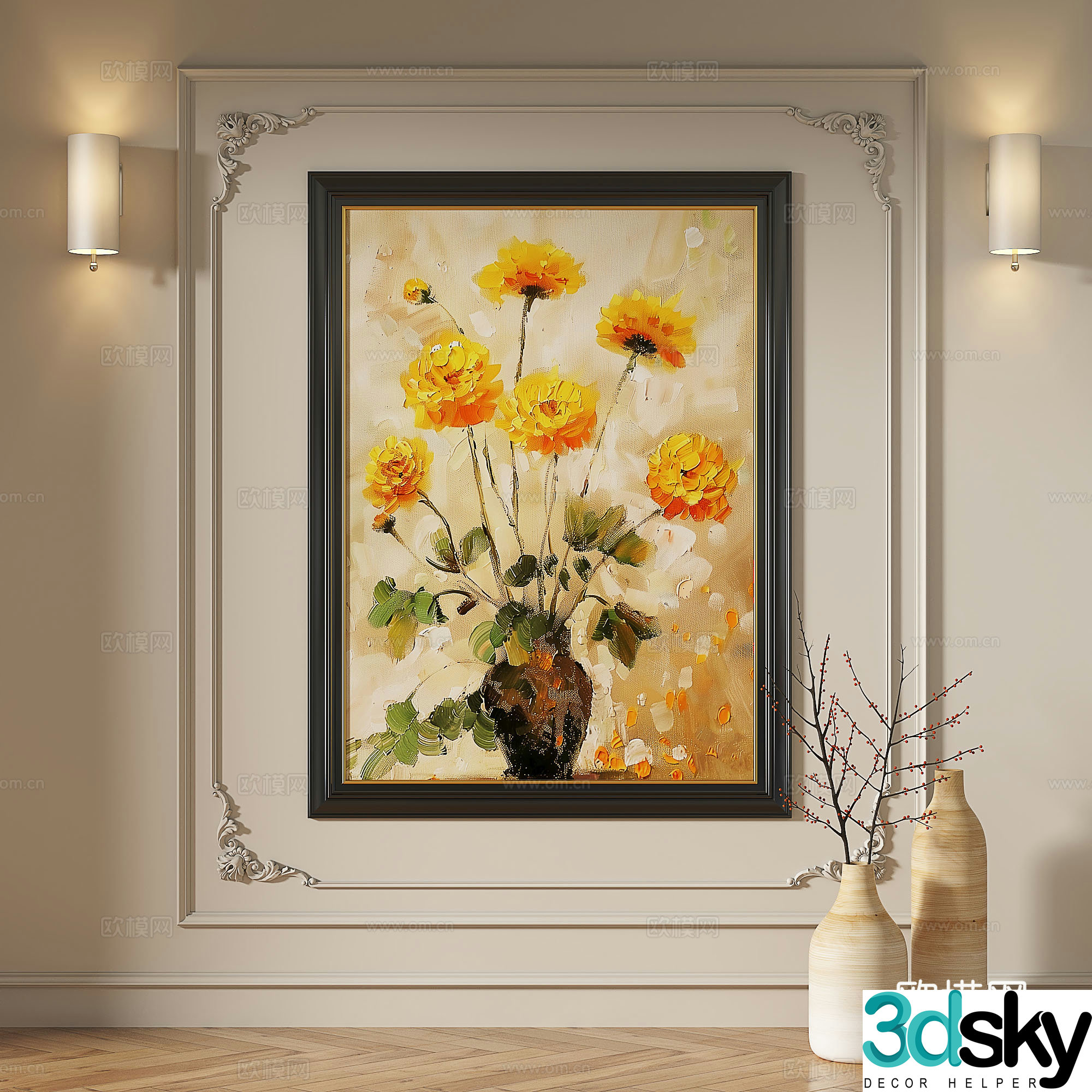 French modern retro medieval oil painting abstract light luxury decorative painting 3d model