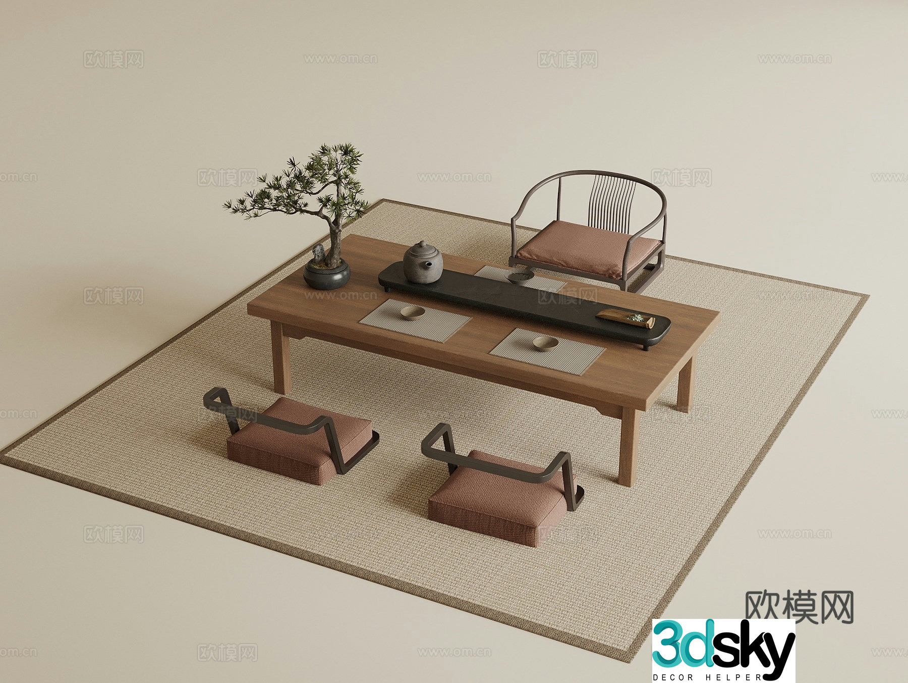 New Chinese style tatami tea table and chairs potted plants cushions tatami tea room carpet 3D model