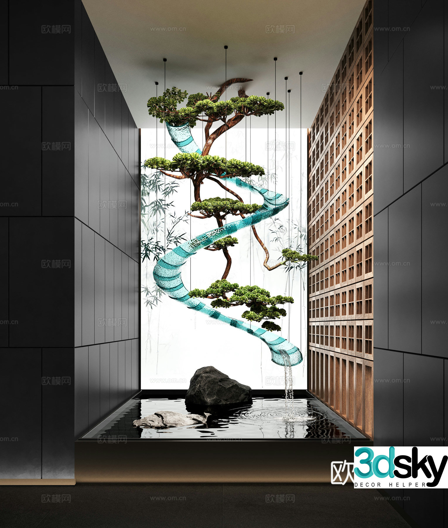 New Chinese style indoor water landscape flowing water landscape stone upside down pine trees 3D model