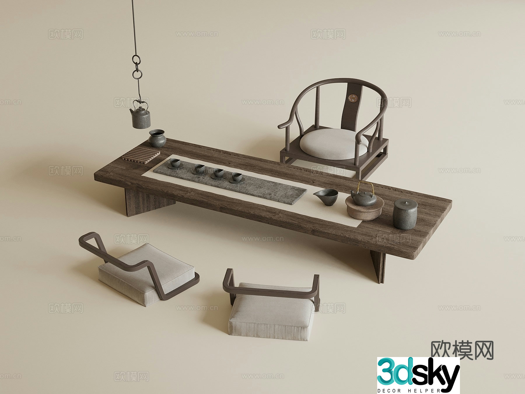 New Chinese-style tatami tea table and chairs cushions tea sets tatami tea room hanging teapot 3D model
