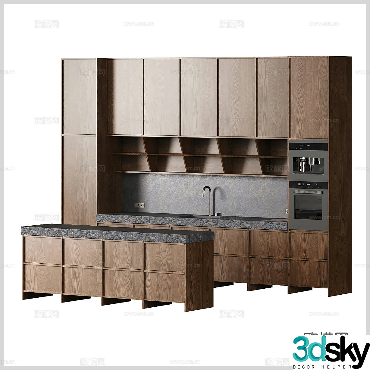 Solid wood cabinets Wood cabinets Solid wood western cabinets Kitchen island Oven Kitchen appliances Sink 3D model