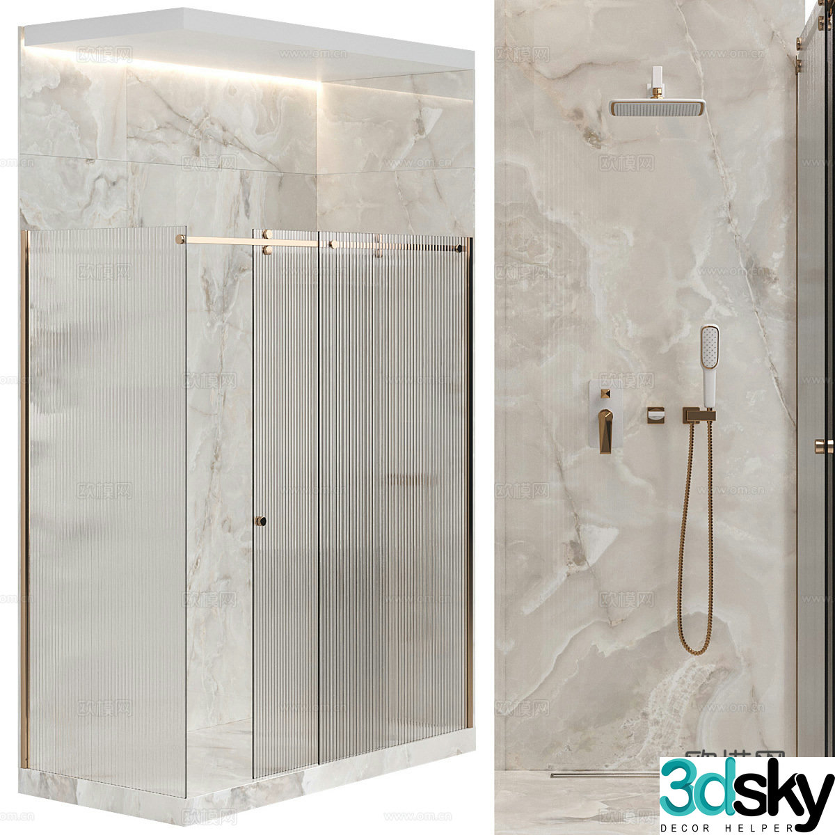 Modern Italian light luxury grooved glass shower room 3D model