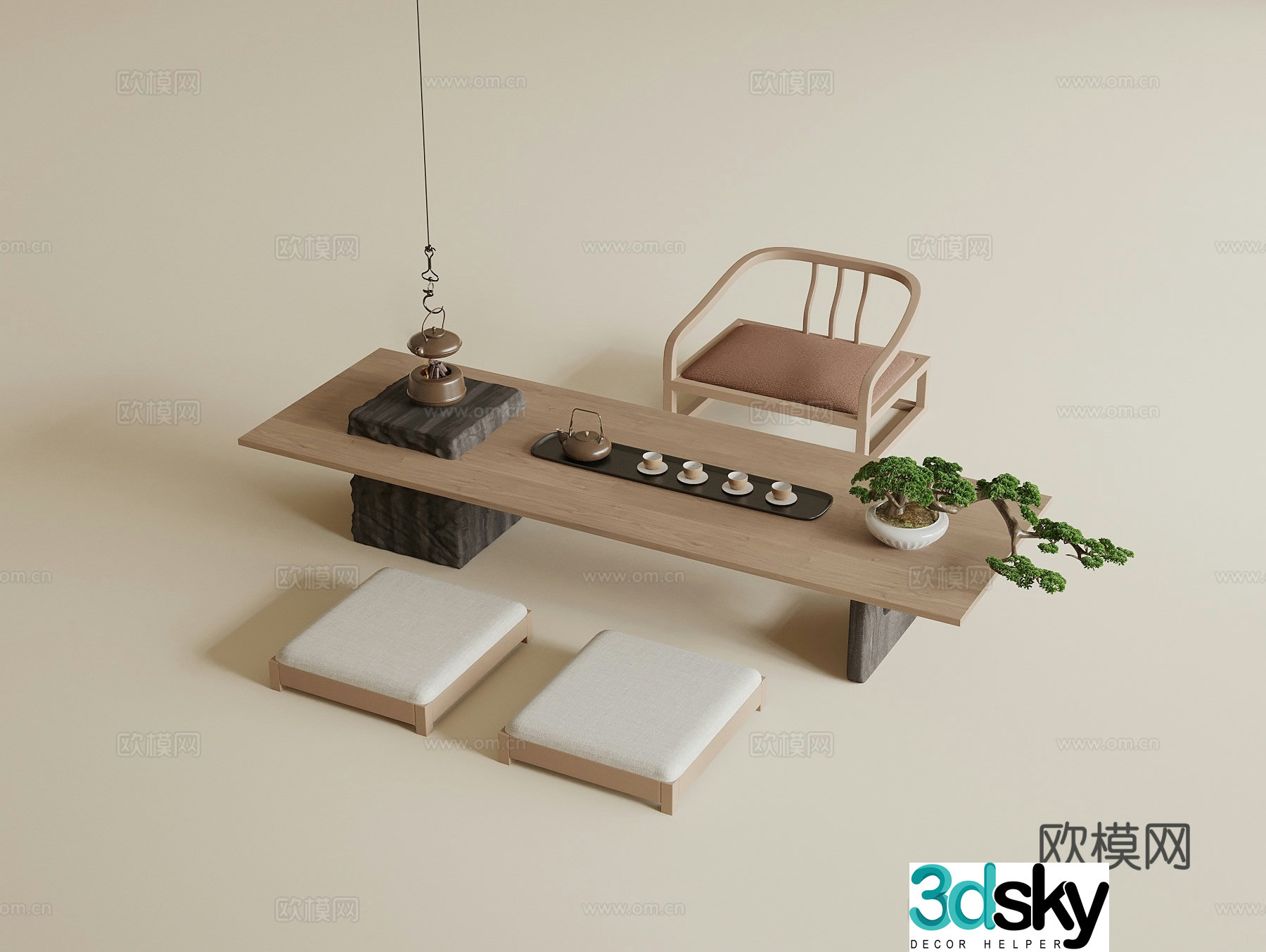 New Chinese-style tatami tea table and chairs cushions tatami tea room tea set hanging teapot 3D model