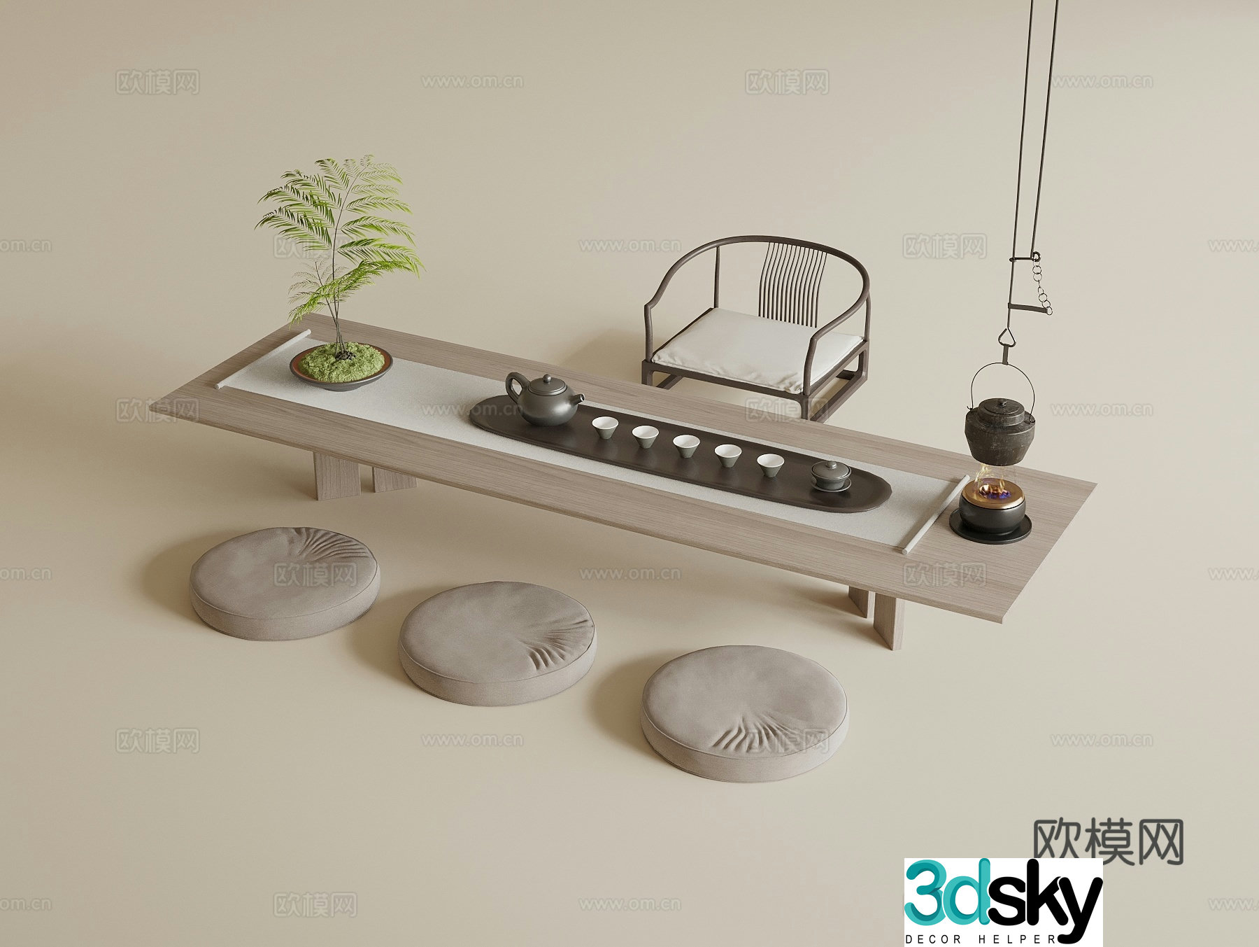 New Chinese-style tatami tea table and chairs tea sets cushions tatami tea room hanging teapot 3D model