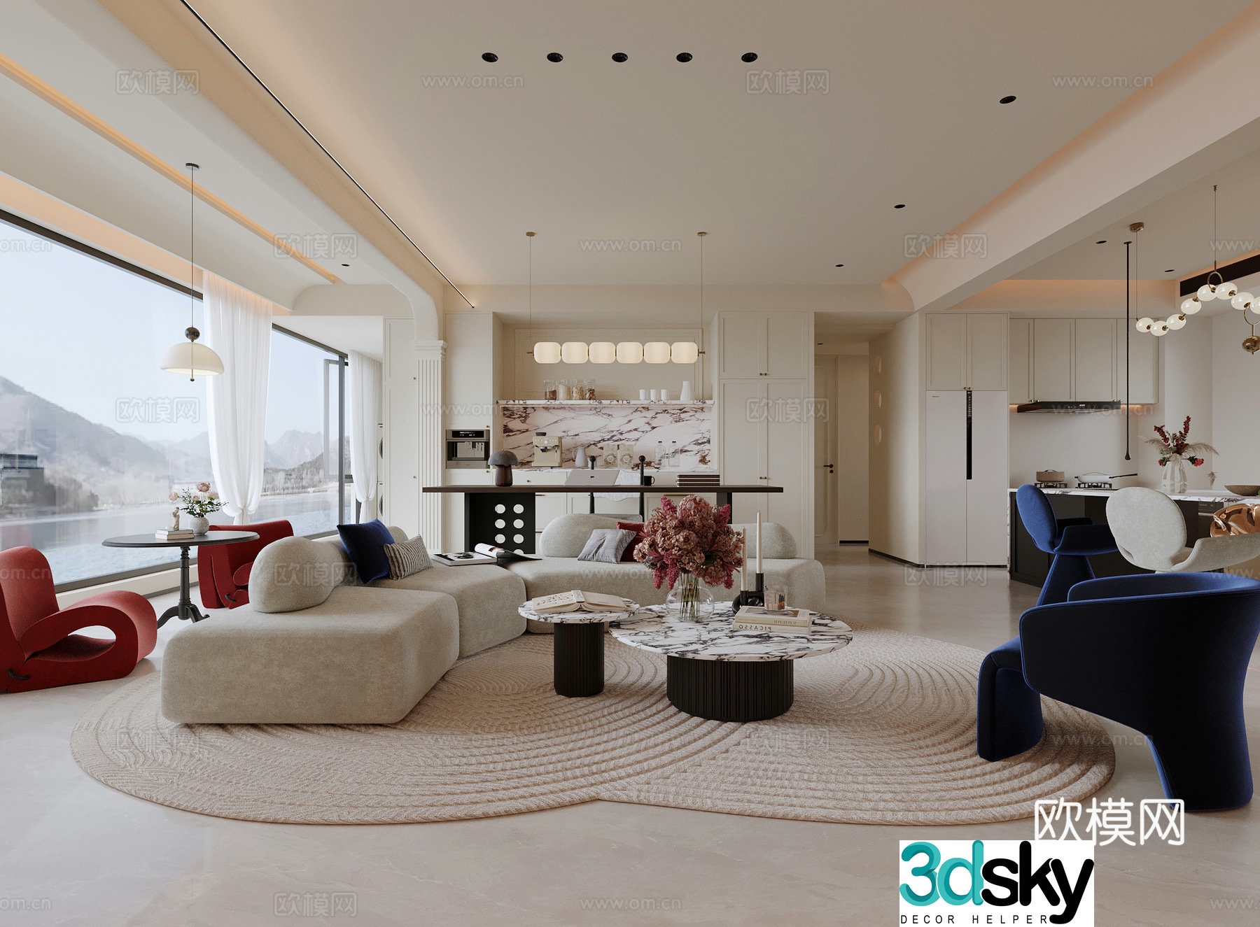 Cream French living room sofa coffee table combination chandelier bookcase wine cabinet single chair balcony leisure chair Roman column 3d model