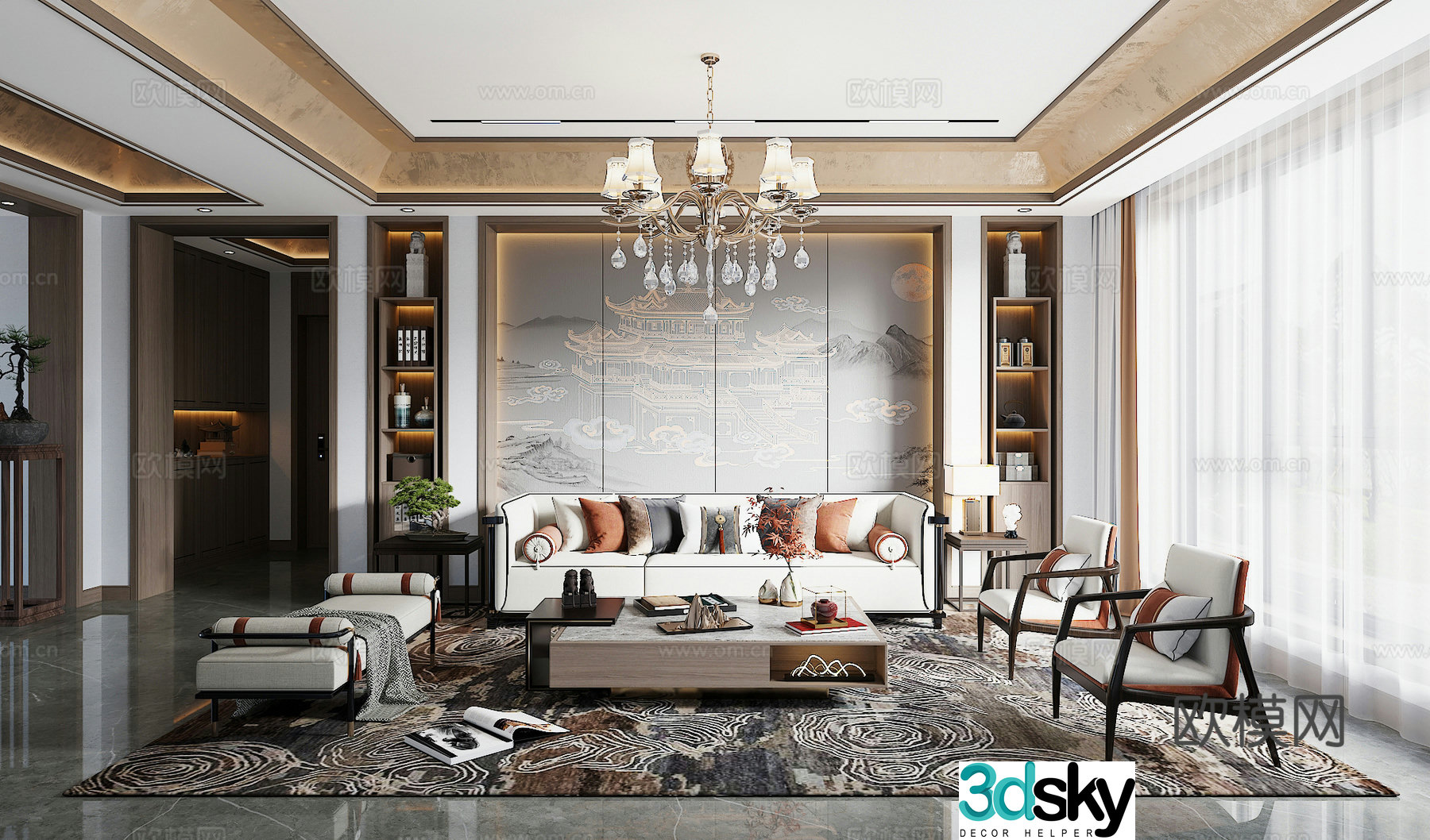 New Chinese living room sofa and coffee table combination green plants accessories desk lamp background wall 3D model