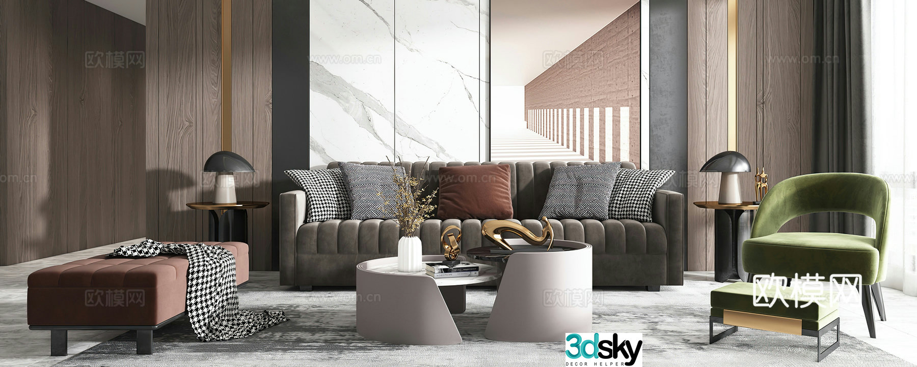 Modern living room Italian living room Combination sofa Leisure chair Leisure sofa Table lamp Black and white gray 3D model