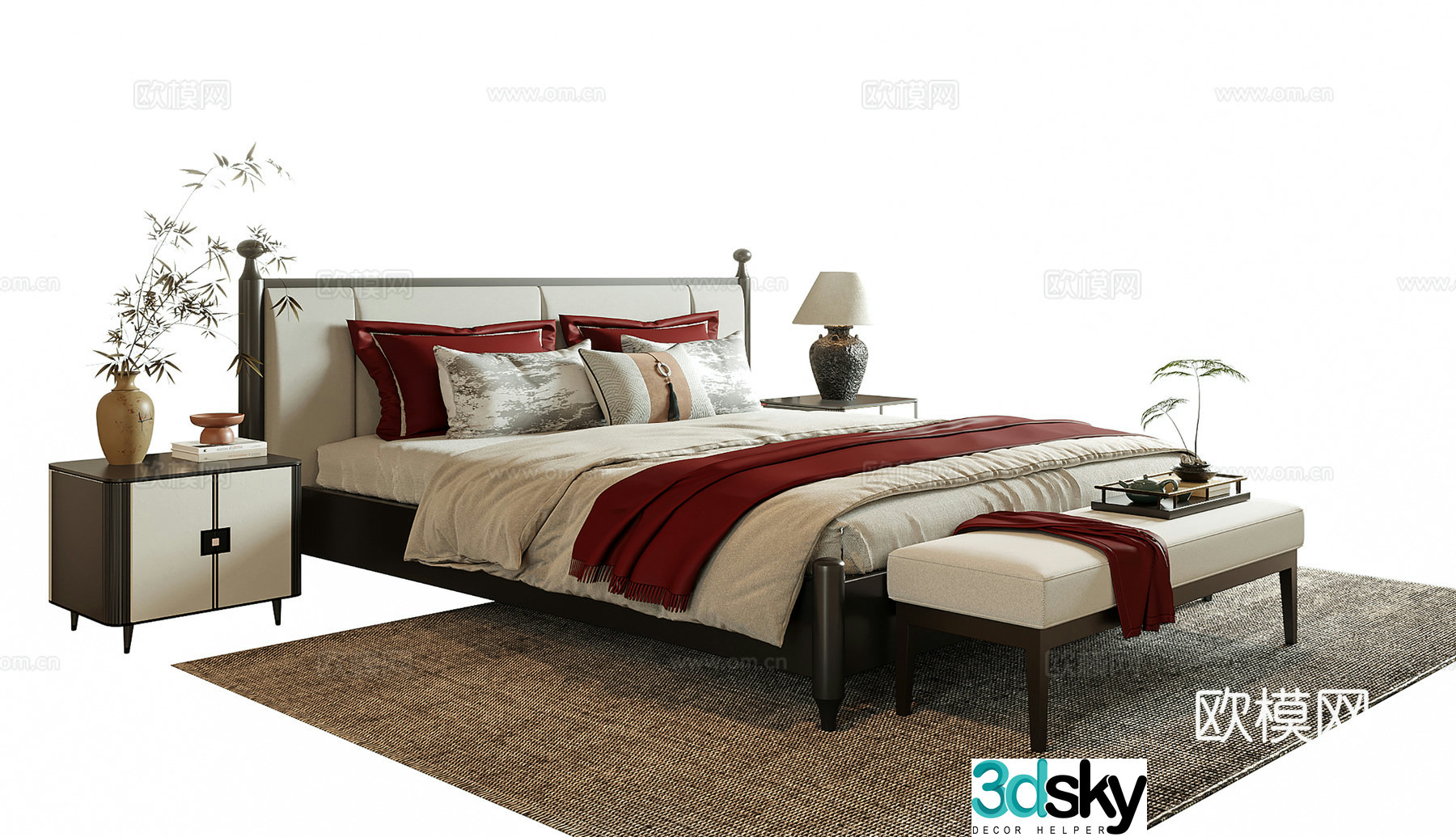 New Chinese style double bed bed tail stool bedside table 3D model