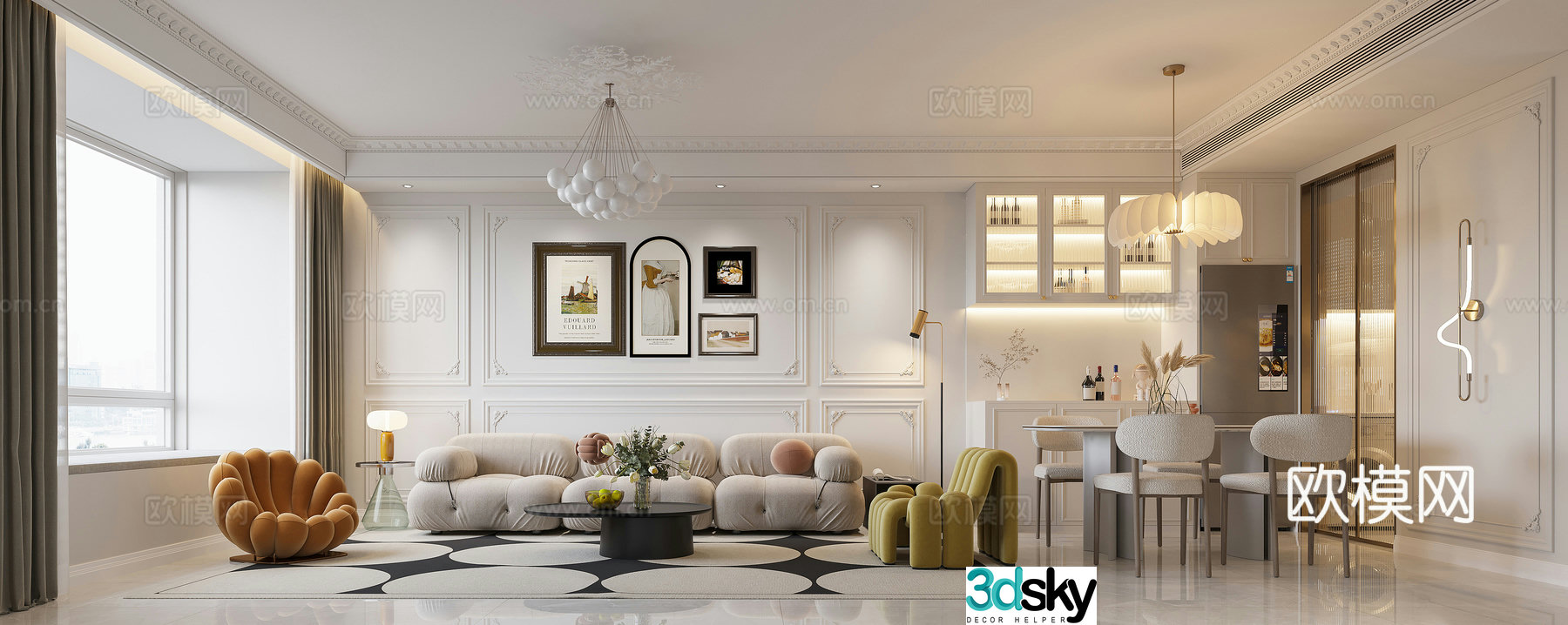 French living and dining room 3d model