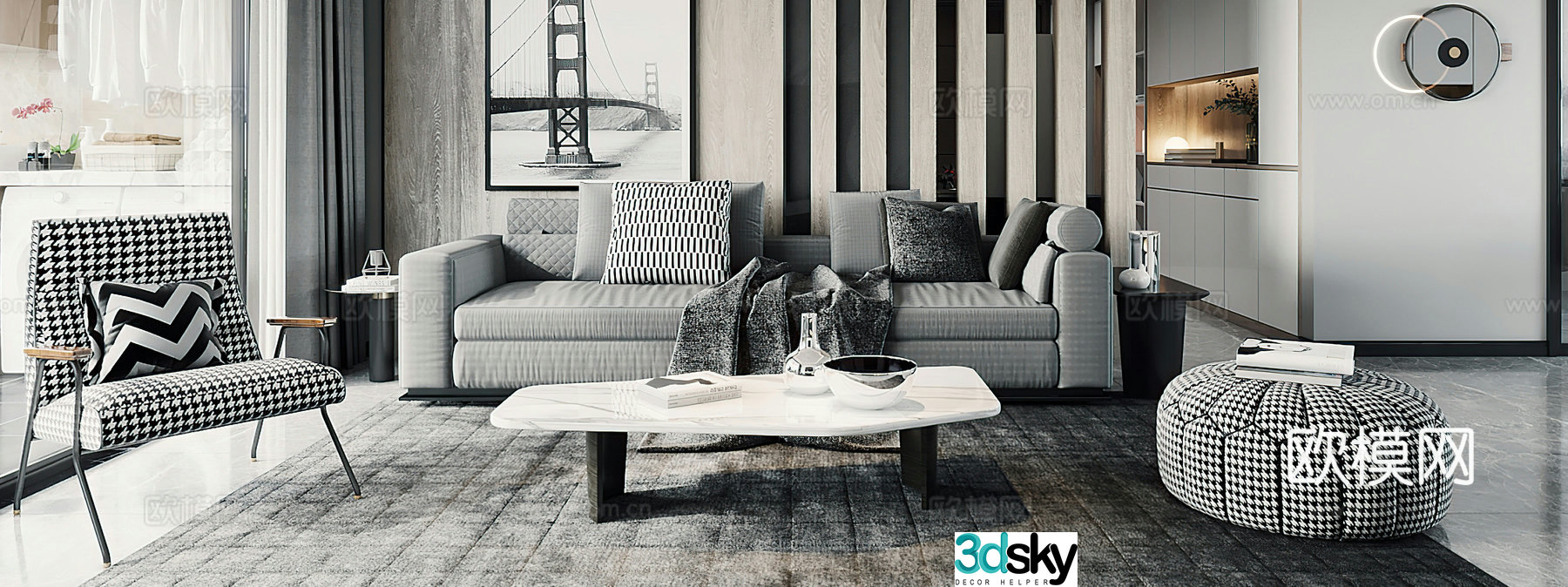 Modern living room Combination sofa Simple living room Modern living room Black and white gray Leisure chair 3d model