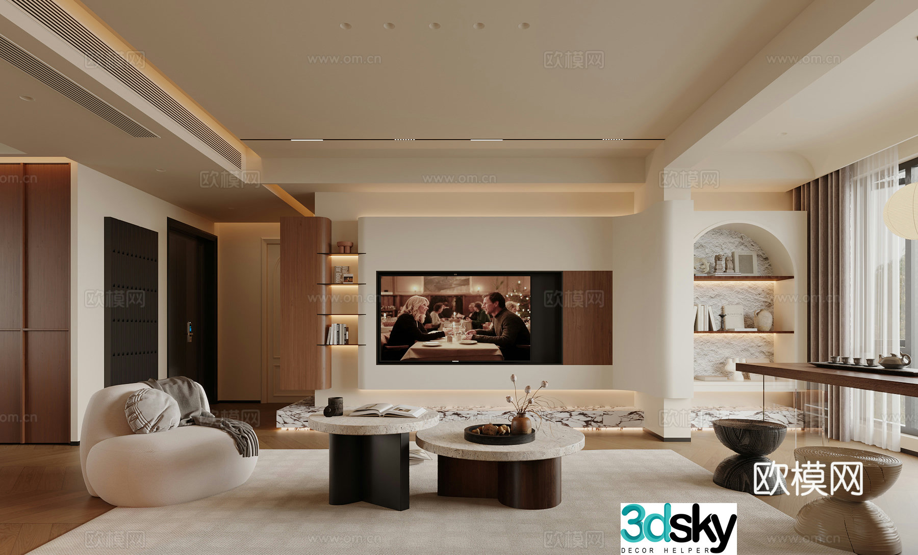 Medium style TV background sofa tea table combination single chair tea table curved bookcase 3d model